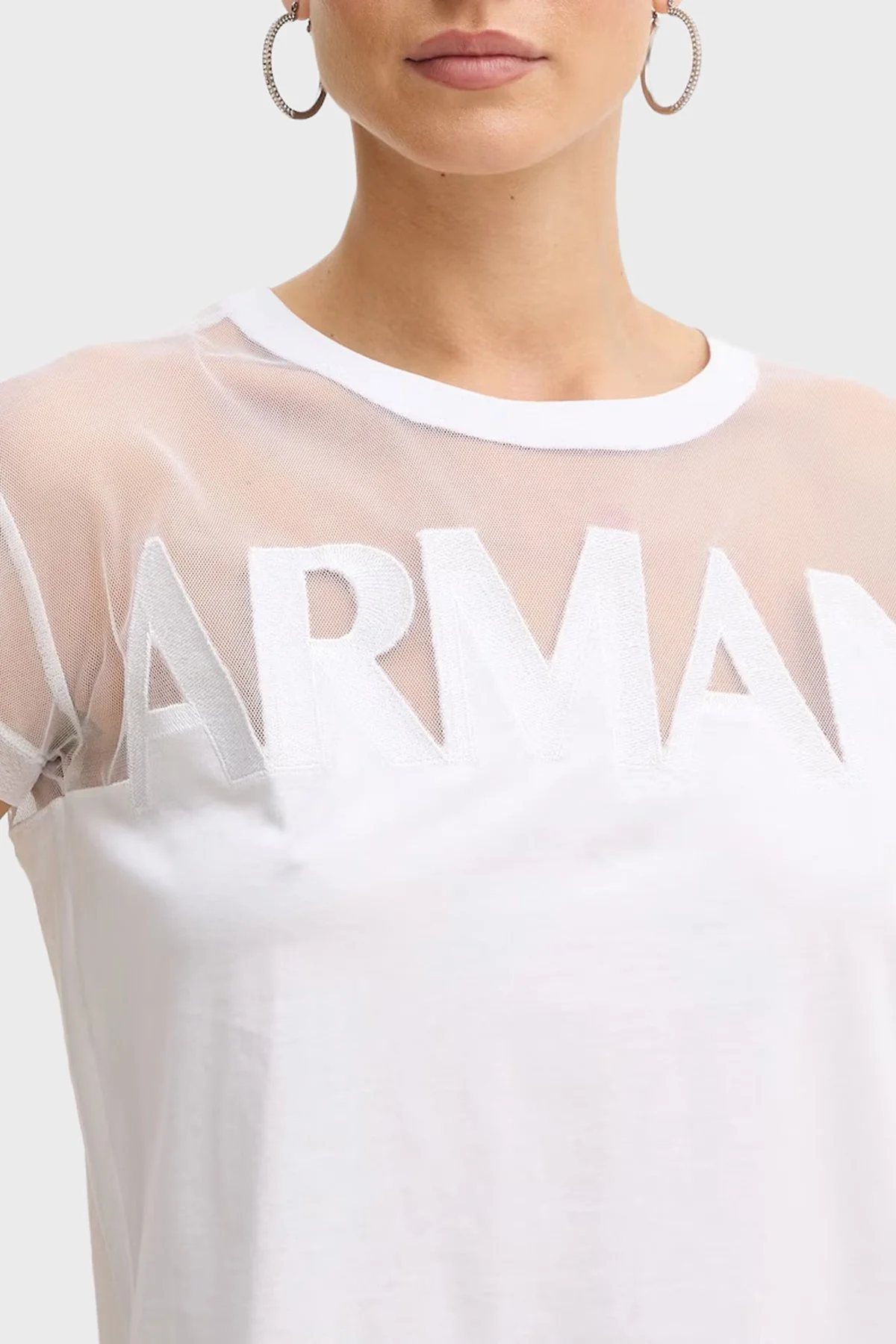 Armani Exchange Logolu Transparan Omuz Detaylı Pamuklu Kadın T Shirt XW002332 AF10356 U0002 Beyaz - 4