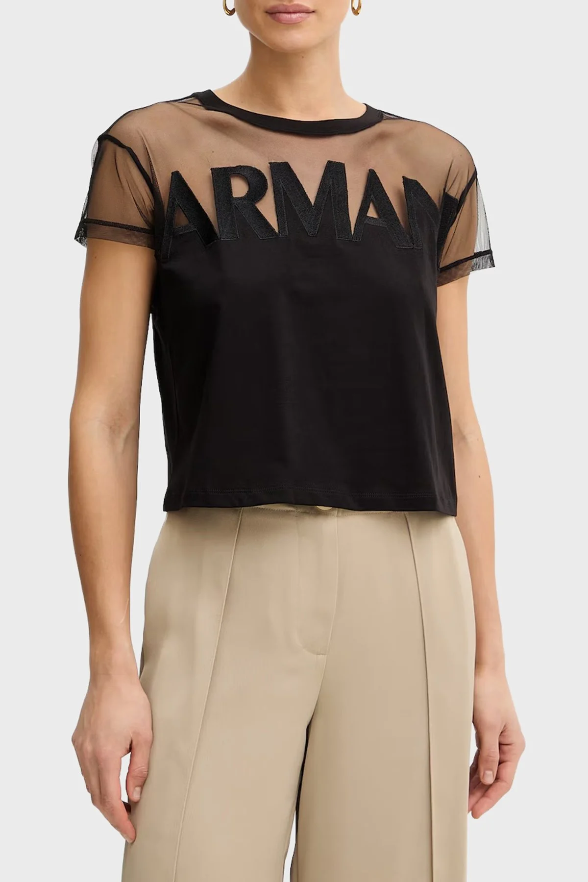 Armani Exchange Logolu Transparan Omuz Detaylı Pamuklu Kadın T Shirt XW002332 AF10356 UC001 SİYAH - 1