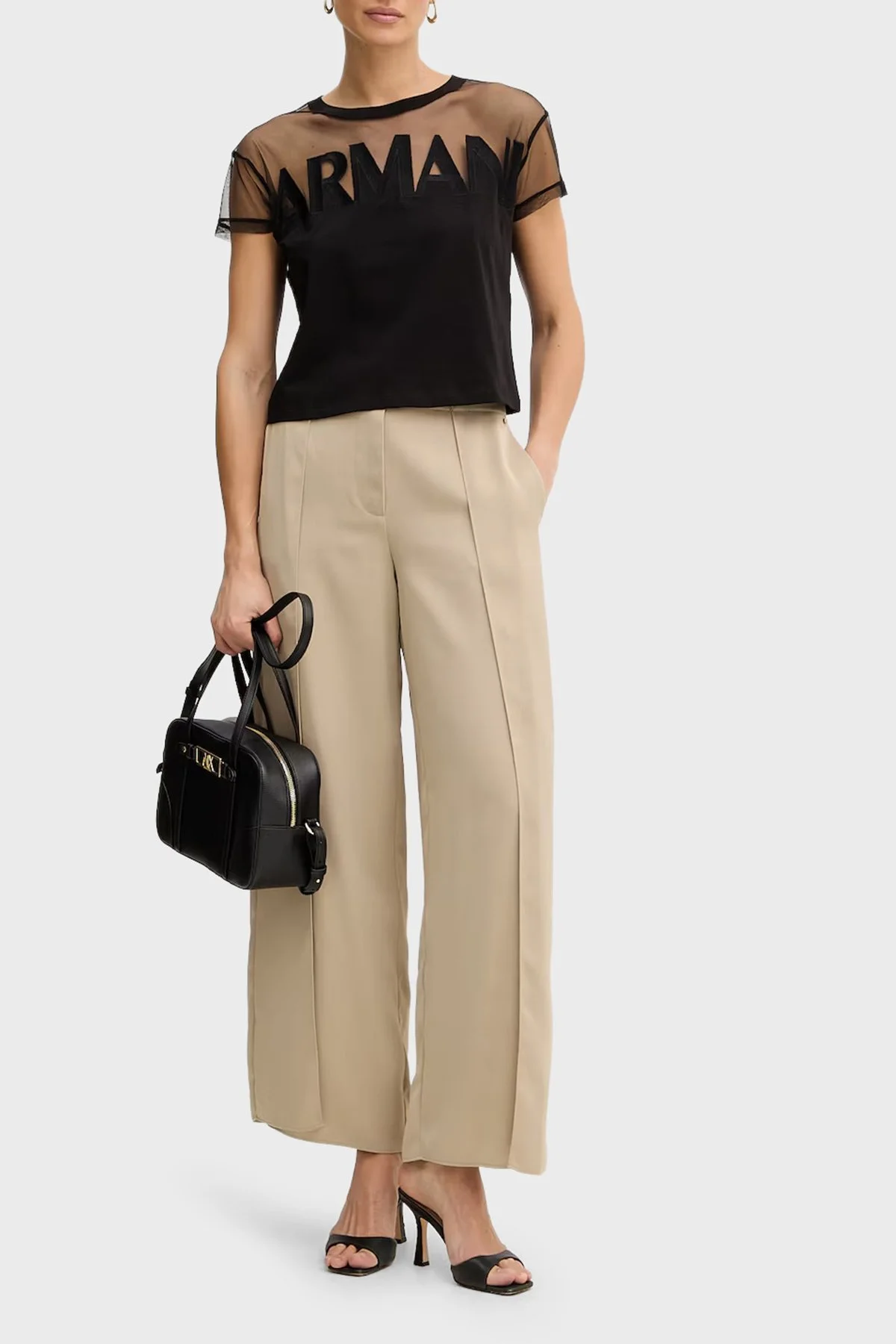 Armani Exchange Logolu Transparan Omuz Detaylı Pamuklu Kadın T Shirt XW002332 AF10356 UC001 SİYAH - 2