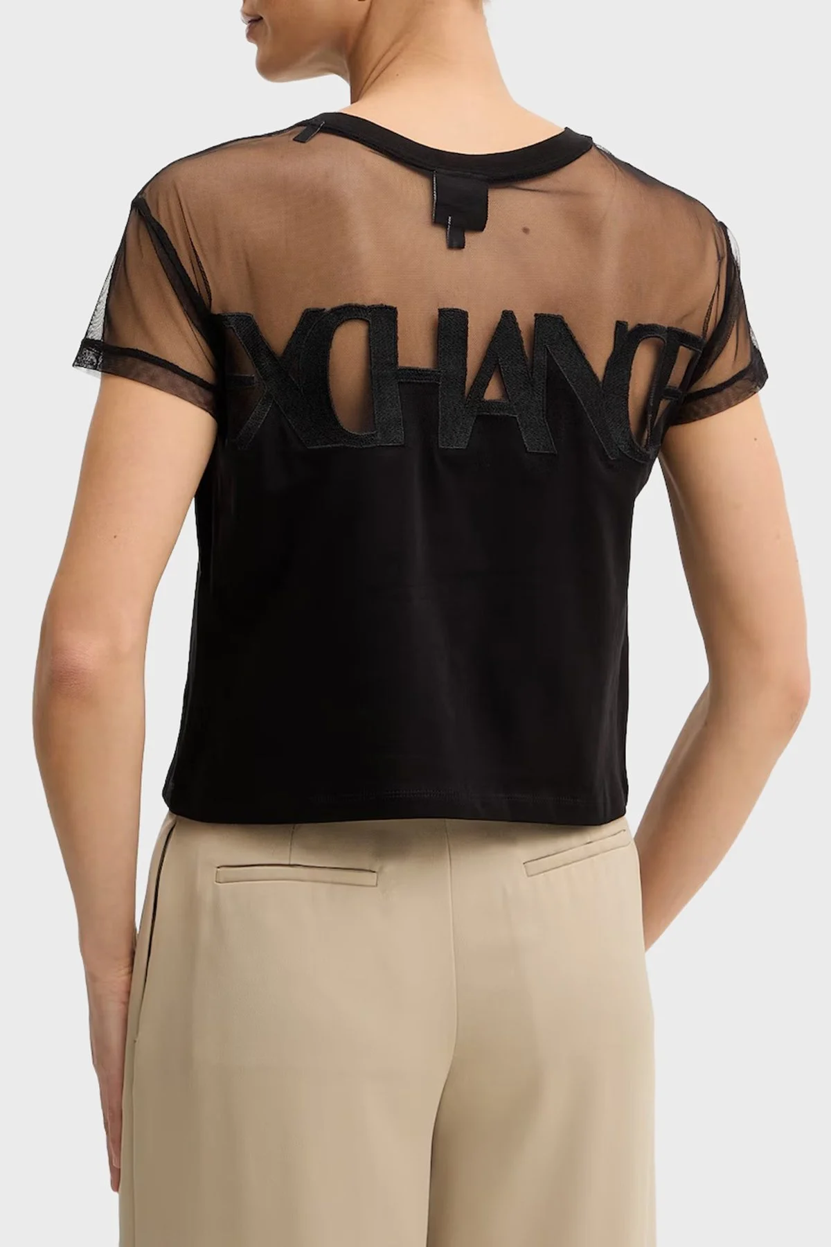 Armani Exchange Logolu Transparan Omuz Detaylı Pamuklu Kadın T Shirt XW002332 AF10356 UC001 SİYAH - 3