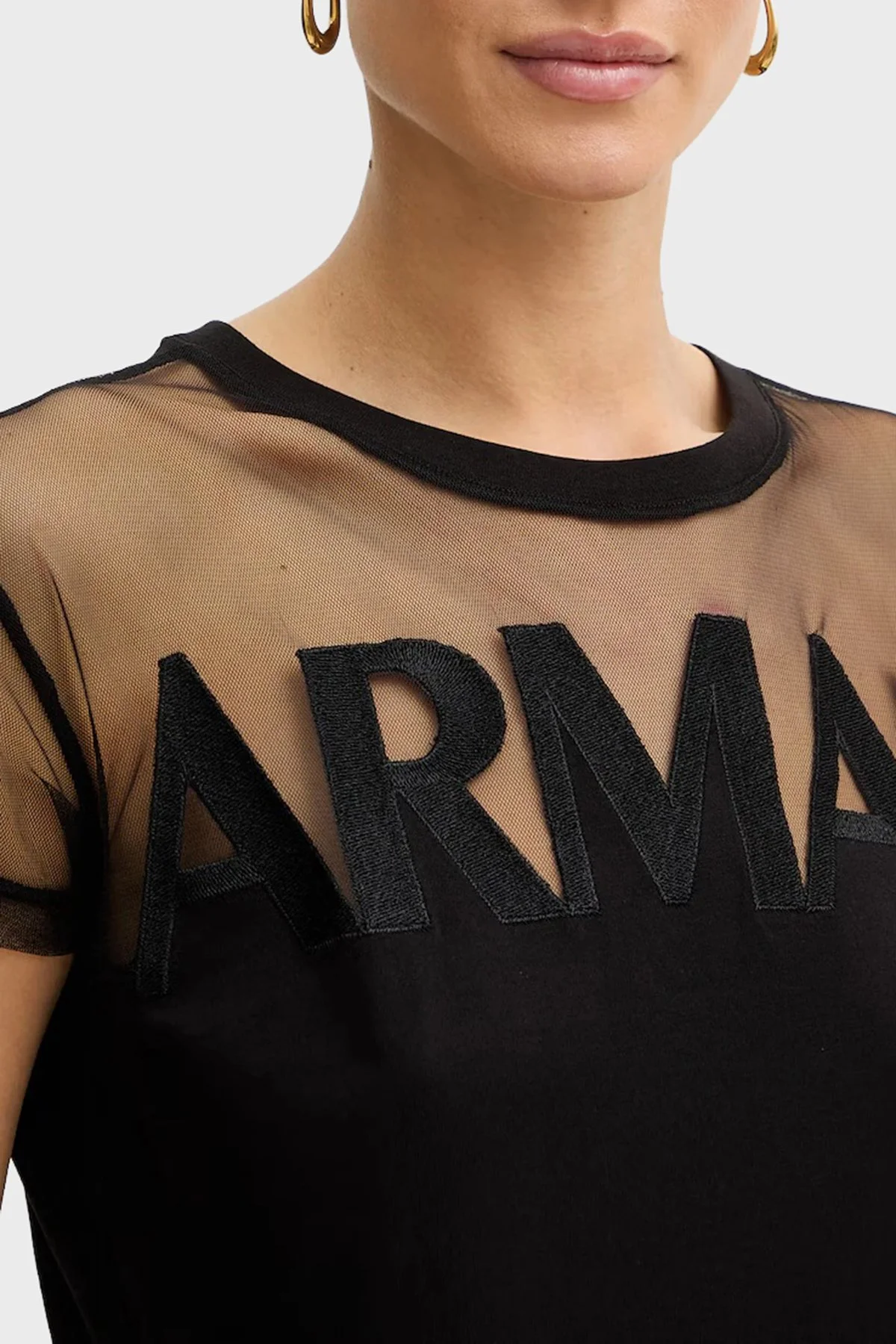 Armani Exchange Logolu Transparan Omuz Detaylı Pamuklu Kadın T Shirt XW002332 AF10356 UC001 SİYAH - 4