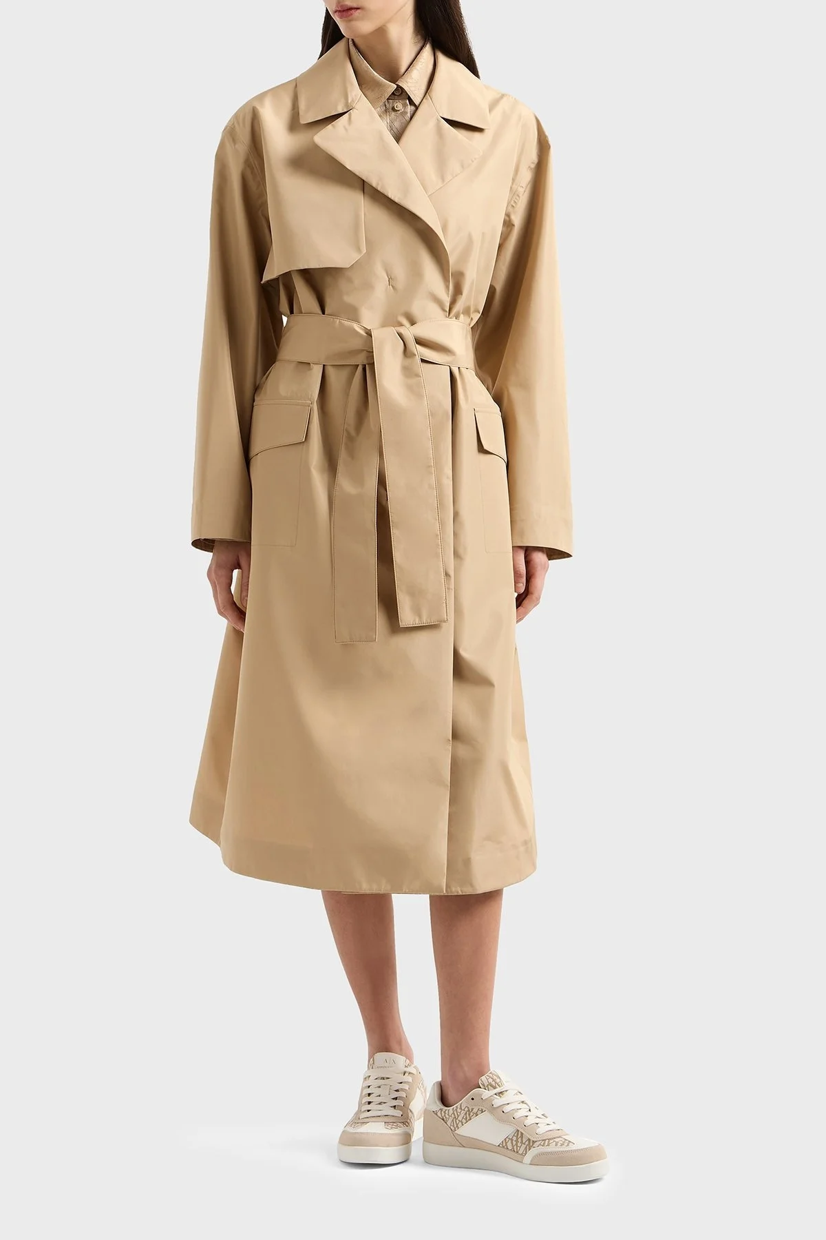 Armani Exchange Loose Fit Kruvaze Yaka Kemer Detaylı Uzun Bayan Trençkot XW001176 AF12806 U6218 BEJ - 6