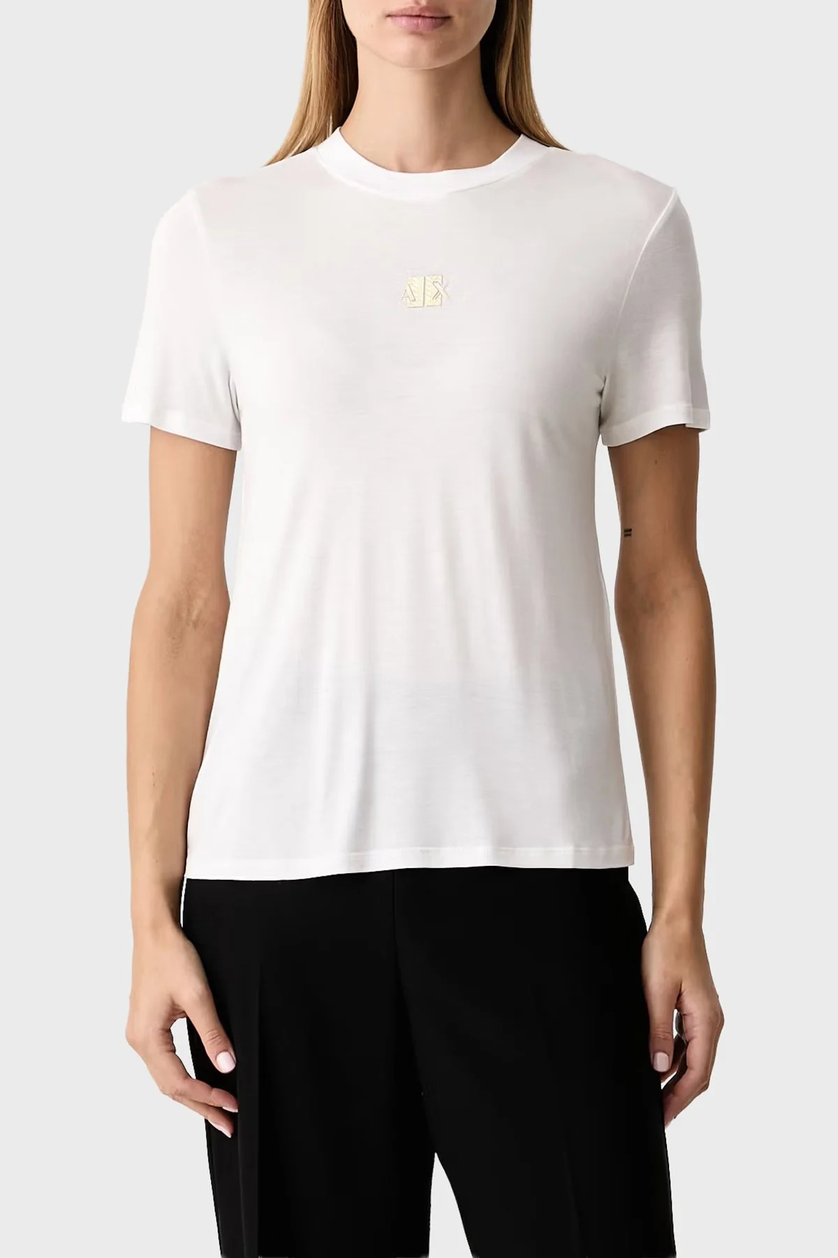 Armani Exchange Metalik Logolu Jarse Kumaş Bisiklet Yaka Kadın T Shirt XW002773 AF26303 U0002 Beyaz - 1