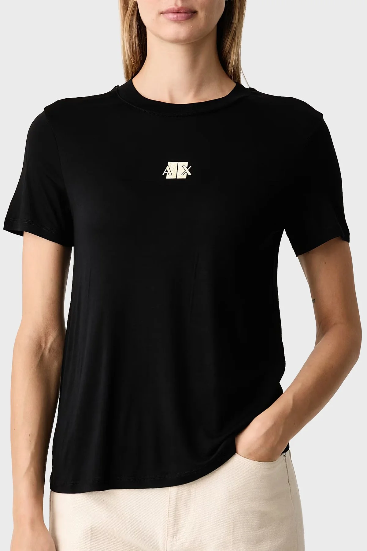 Armani Exchange Metalik Logolu Jarse Kumaş Bisiklet Yaka Kadın T Shirt XW002773 AF26303 UC001 Siyah - 3