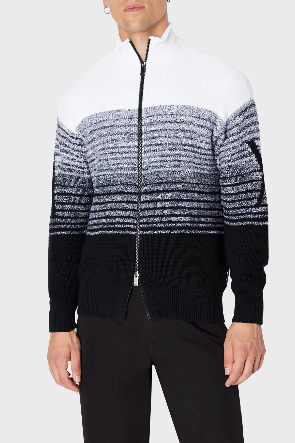 Armani Exchange Pamuk Karışımlı Çift Fermuarlı Dik Yaka Triko Erkek Hırka 6RZE5A ZMP3Z 9212 SİYAH-BEYAZ - 1