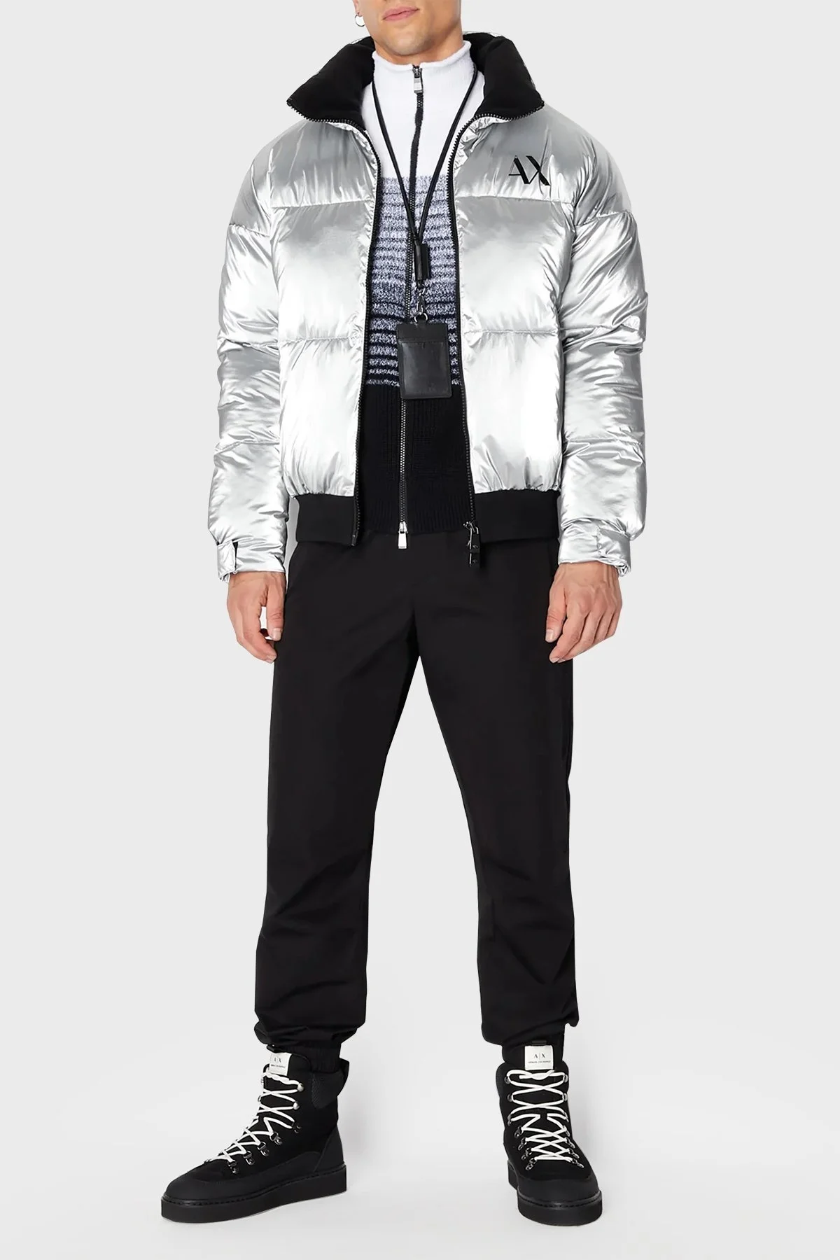 Armani Exchange Pamuk Karışımlı Çift Fermuarlı Dik Yaka Triko Erkek Hırka 6RZE5A ZMP3Z 9212 SİYAH-BEYAZ - 3