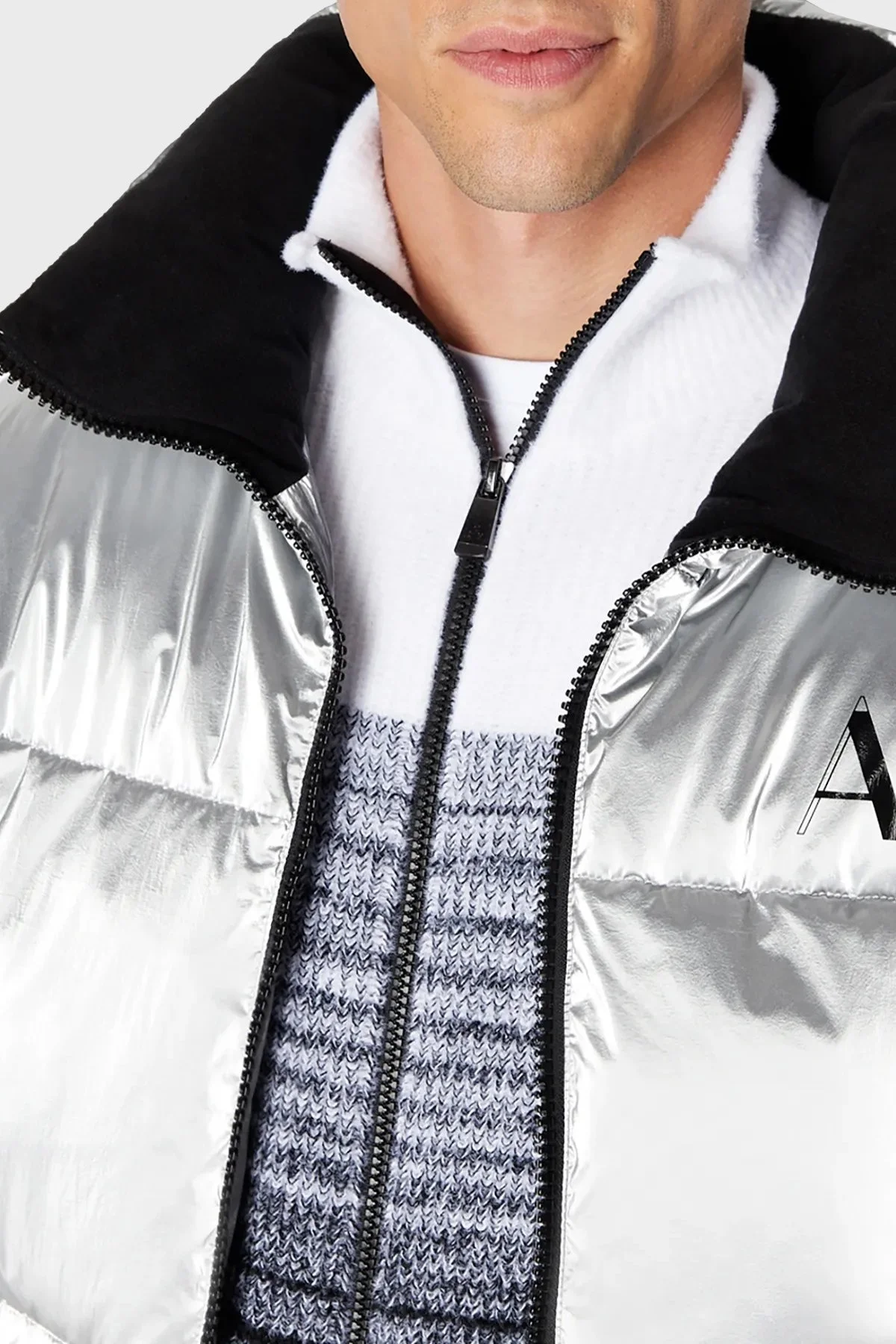 Armani Exchange Pamuk Karışımlı Çift Fermuarlı Dik Yaka Triko Erkek Hırka 6RZE5A ZMP3Z 9212 SİYAH-BEYAZ - 4