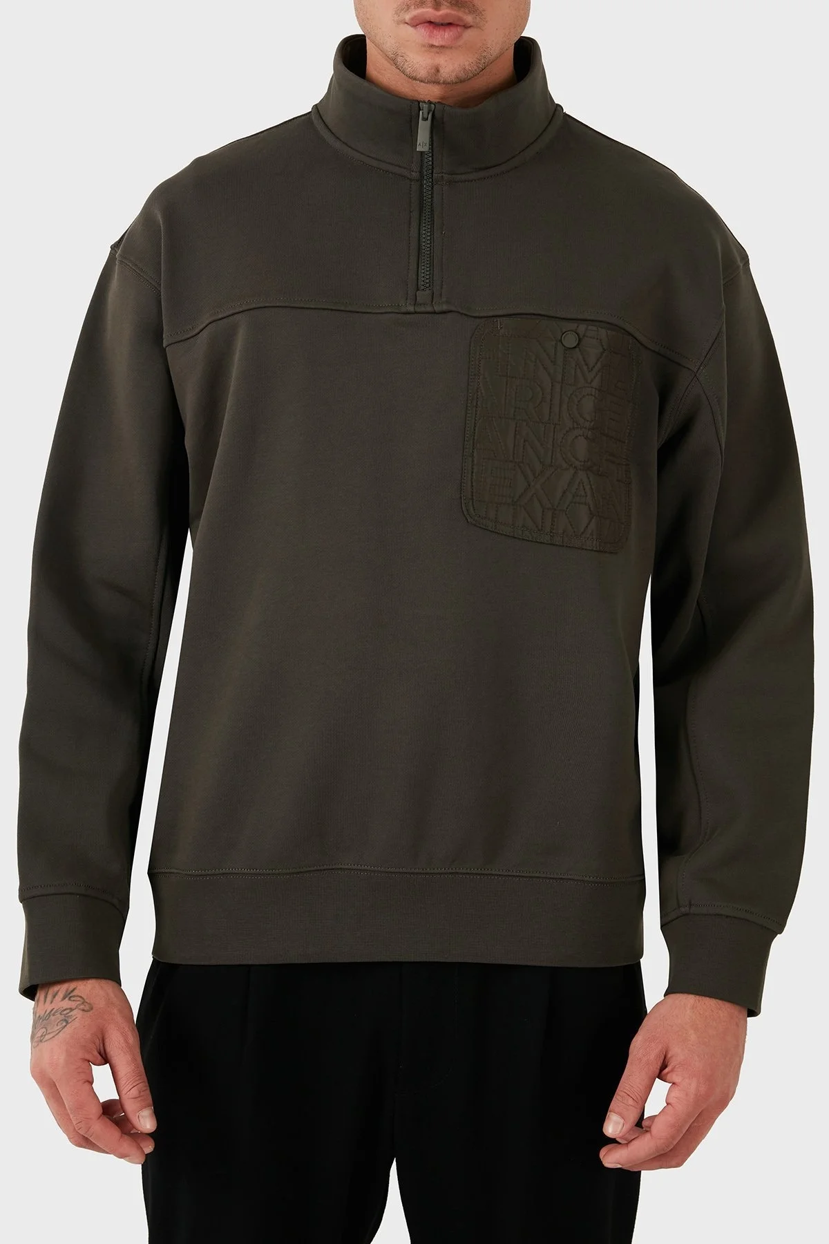 Armani Exchange Pamuk Karışımlı Regular Fit Yarım Fermuarlı Dik Yaka Erkek Sweat 6DZMHL ZJ4XZ 1897 HAKİ - 1