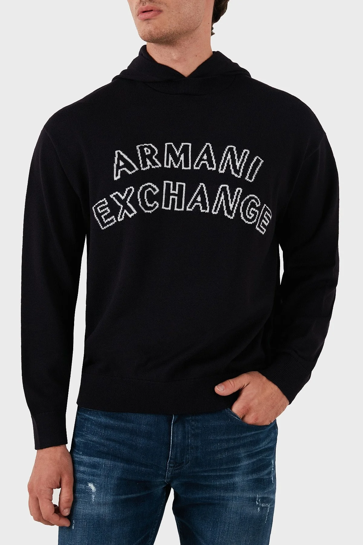 Armani Exchange Pamuk ve Yün Karışımlı Regular Fit Logolu Kapüşonlu Erkek Kazak 6DZM2Y ZM4NZ 1510 LACİVERT - 1