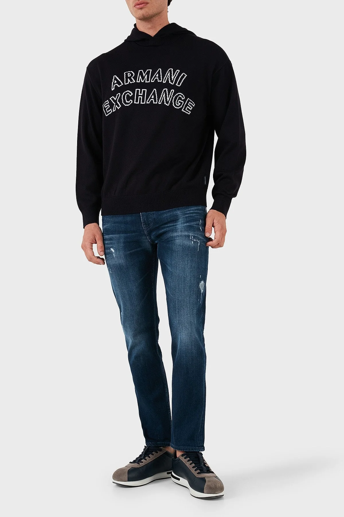 Armani Exchange Pamuk ve Yün Karışımlı Regular Fit Logolu Kapüşonlu Erkek Kazak 6DZM2Y ZM4NZ 1510 LACİVERT - 2