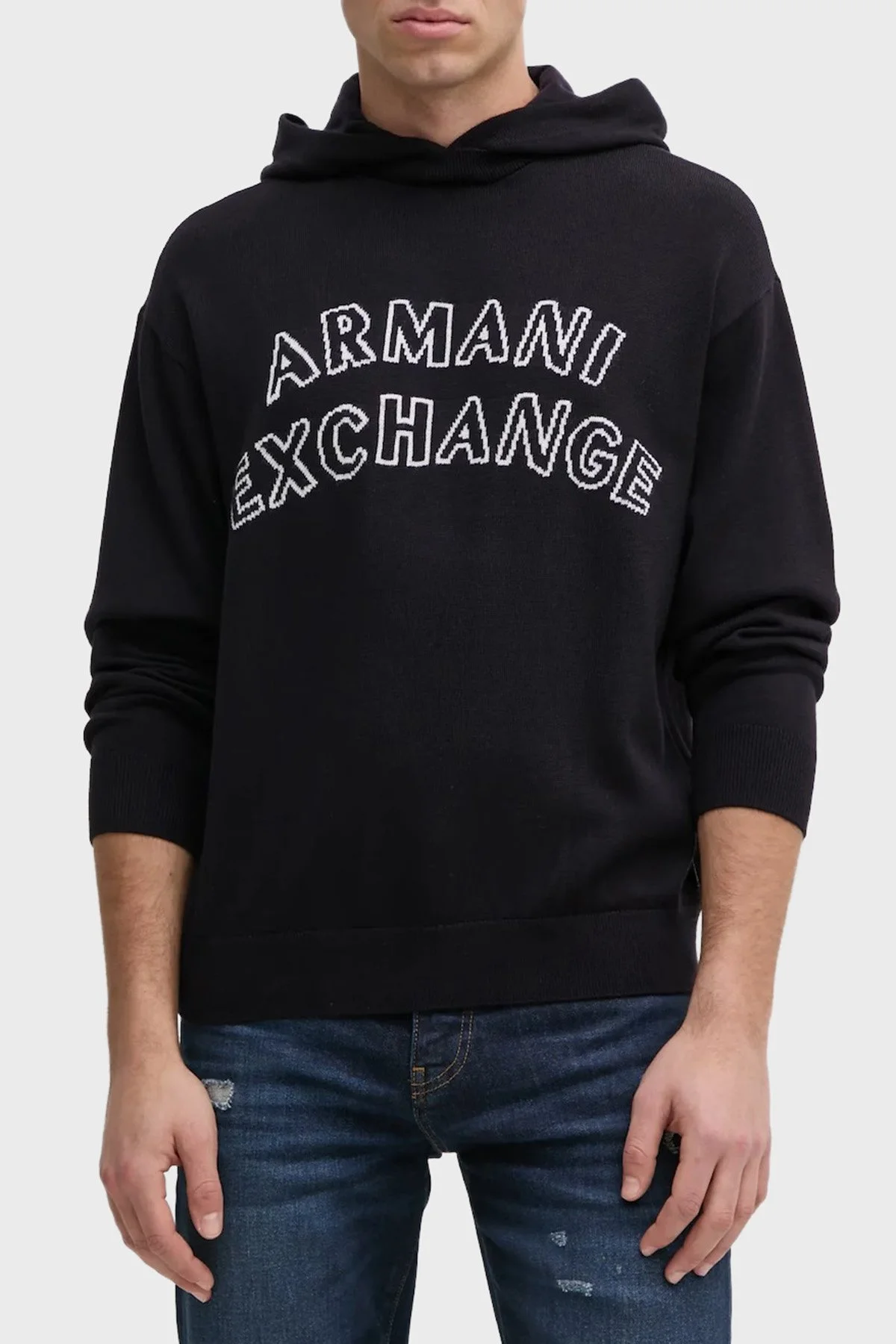 Armani Exchange Pamuk ve Yün Karışımlı Regular Fit Logolu Kapüşonlu Erkek Kazak 6DZM2Y ZM4NZ 1510 LACİVERT - 1