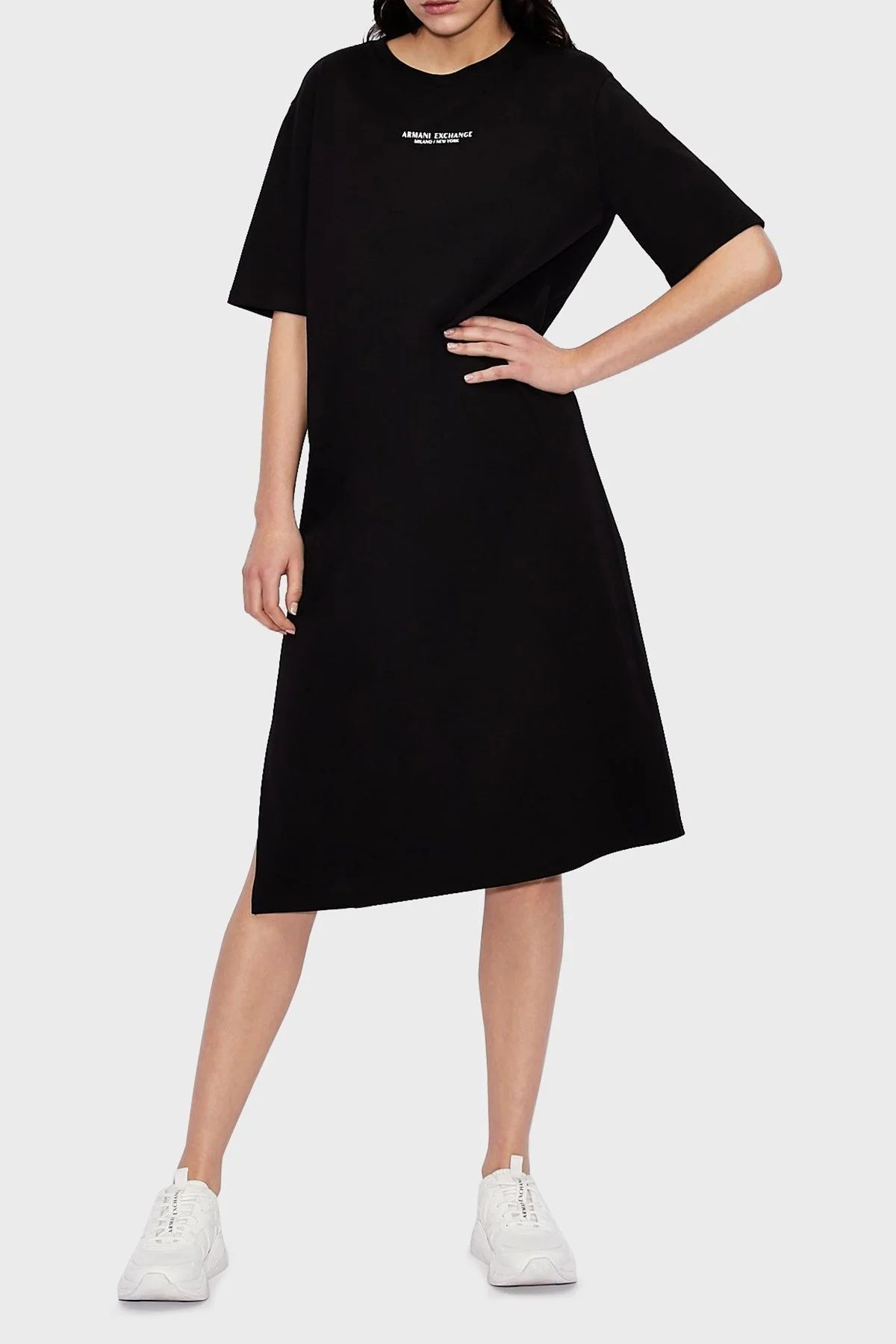 Armani Exchange Pamuklu Yırtmaçlı Regular Fit Midi T-shirt Bayan Elbise 8NYACF YJG3Z 1200 SİYAH - 3