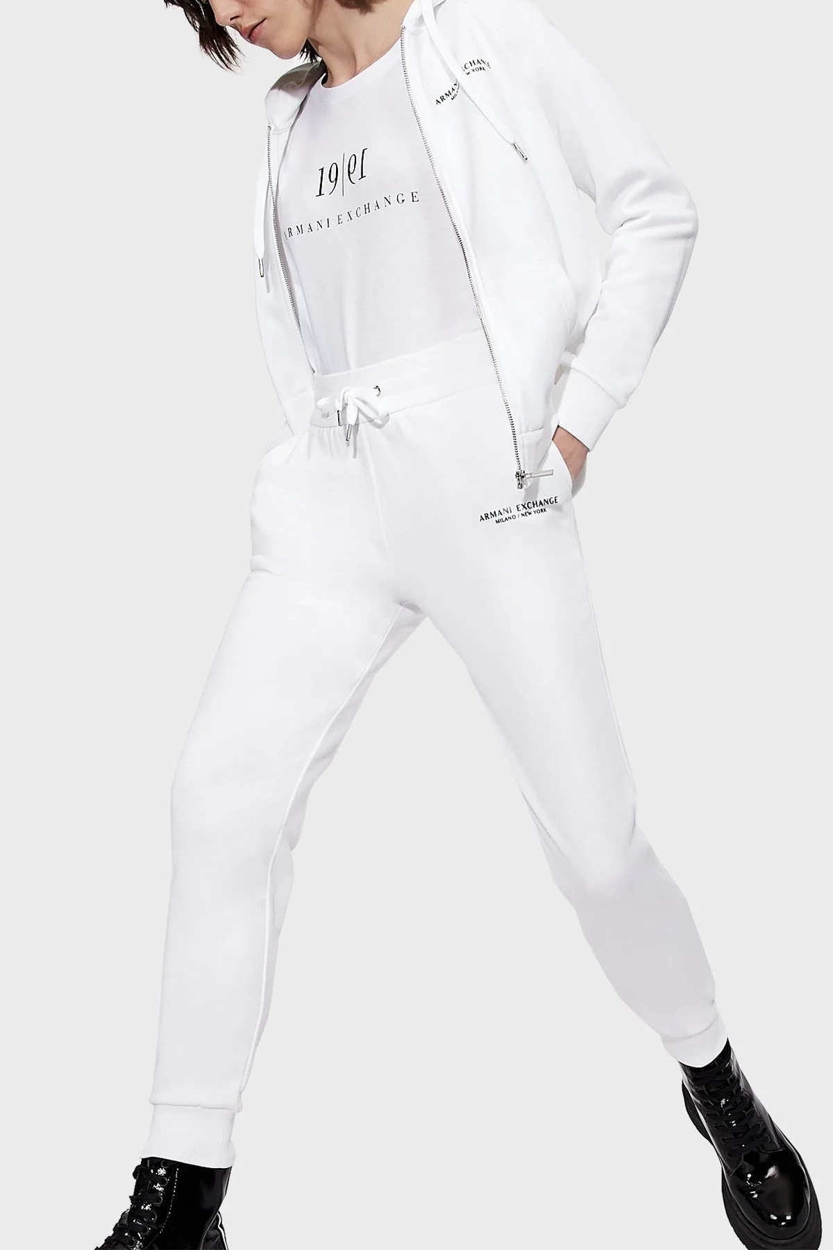 Armani Exchange Pamuklu Belden Bağlamalı Jogger Spor Bayan Pantolon 8NYPBA YJE5Z 1100 BEYAZ - 8