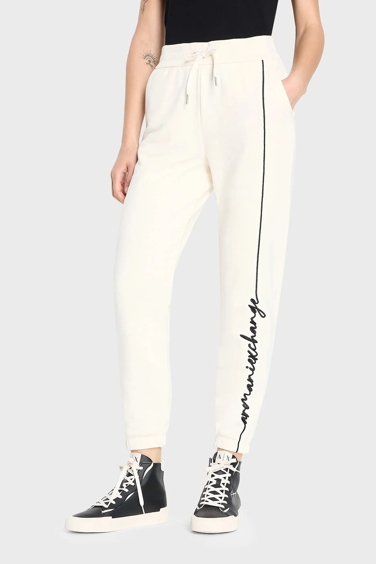 Armani Exchange Pamuklu Belden Bağlamalı Yüksek Bel Regular Fit Spor Bayan Pantolon 6RYP70 YJBRZ 1130 BEYAZ - 7