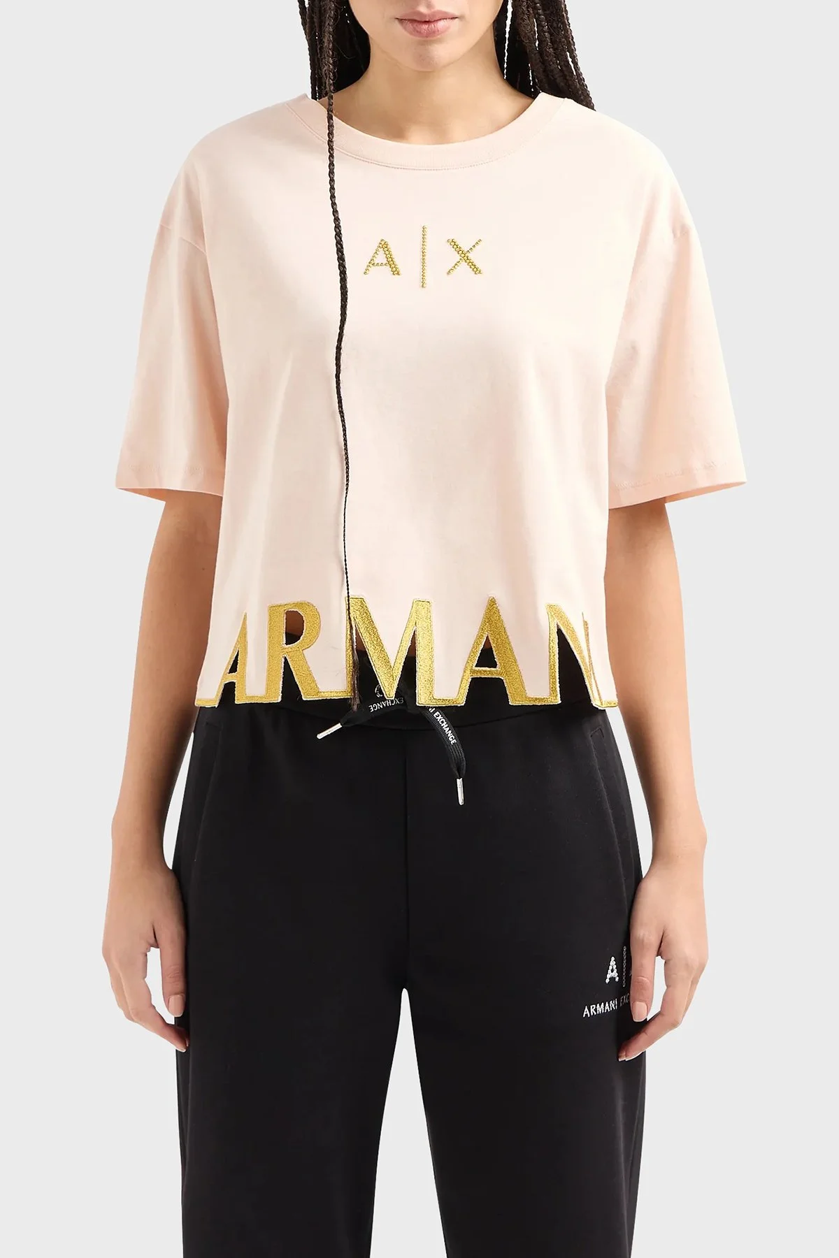 Armani Exchange Pamuklu Bisiklet Yaka Crop Bayan T Shirt 3DYTAG YJG3Z 14BD PUDRA - 1