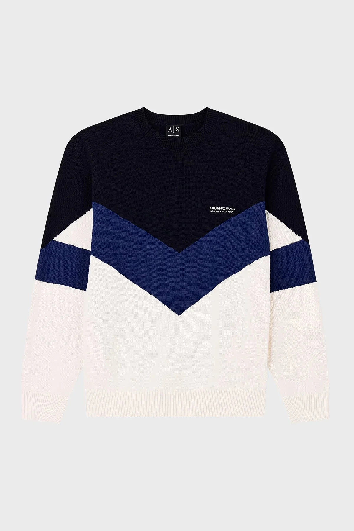 Armani Exchange Pamuklu Bisiklet Yaka Renk Bloklu Erkek Kazak XM003561 AF18754 M0413 Beyaz-lacivert - 6