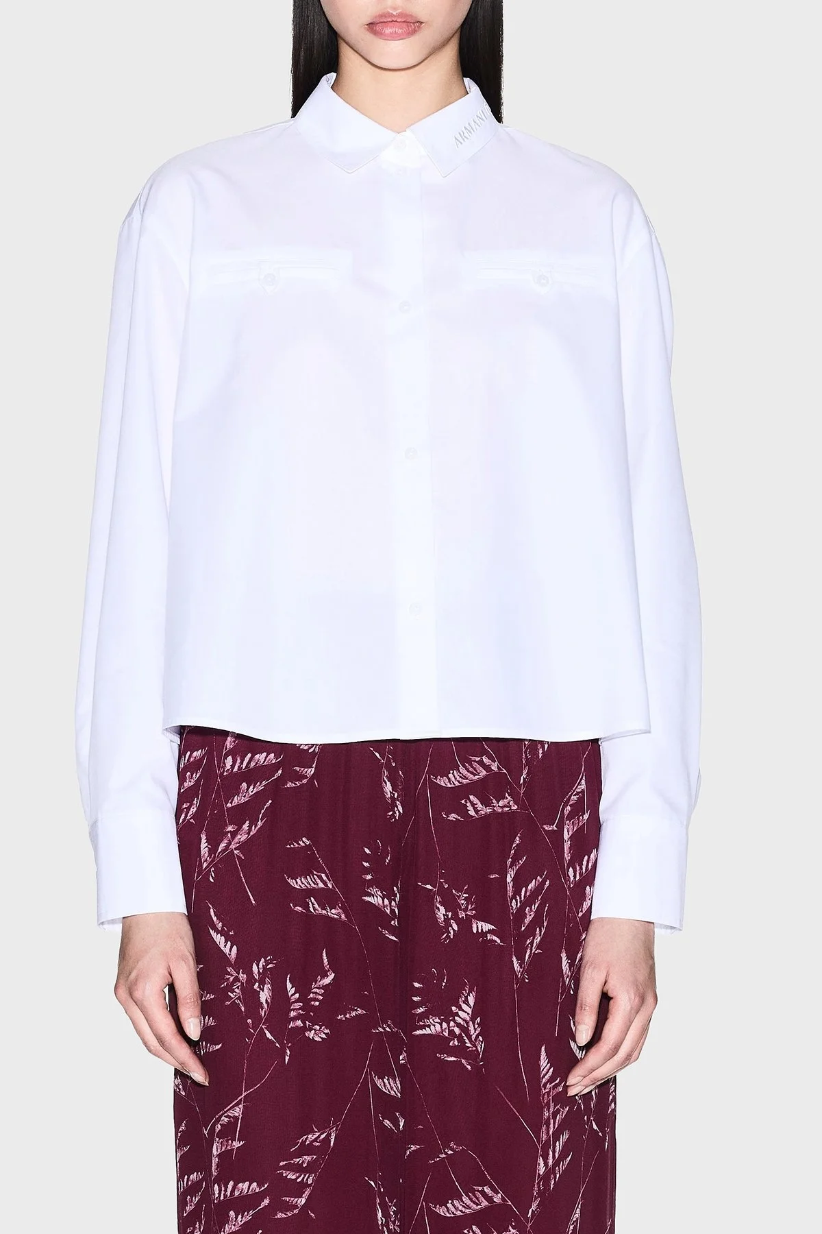 Armani Exchange Pamuklu Boxy Fit Uzun Kollu Logolu Crop Bayan Gömlek XW000668 AF15983 U0002 BEYAZ - 1