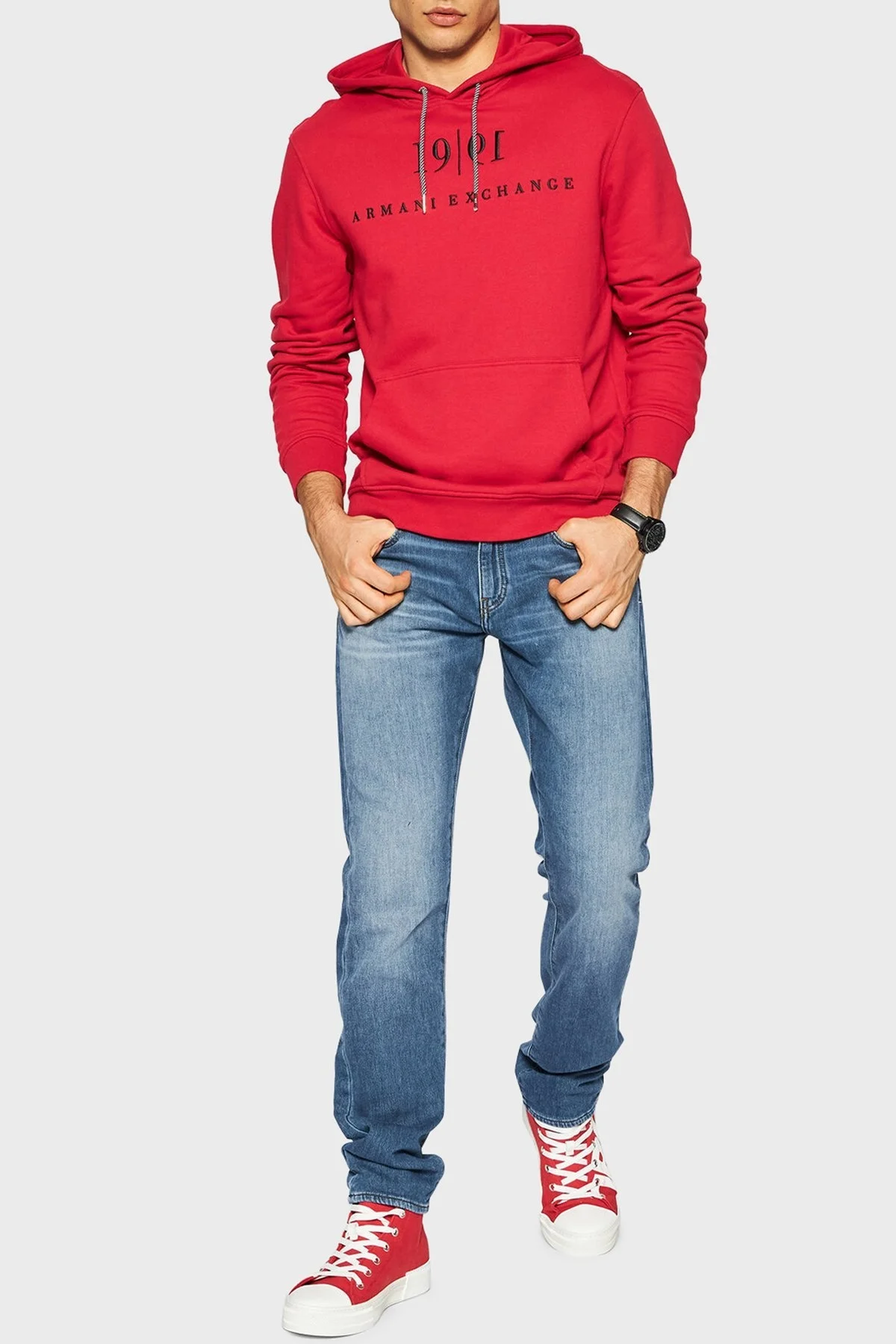 Armani Exchange Pamuklu Kapüşonlu Kanguru Cepli Regular Fit Erkek Sweat 6KZMFM ZJ6HZ 1496 KIRMIZI - 4