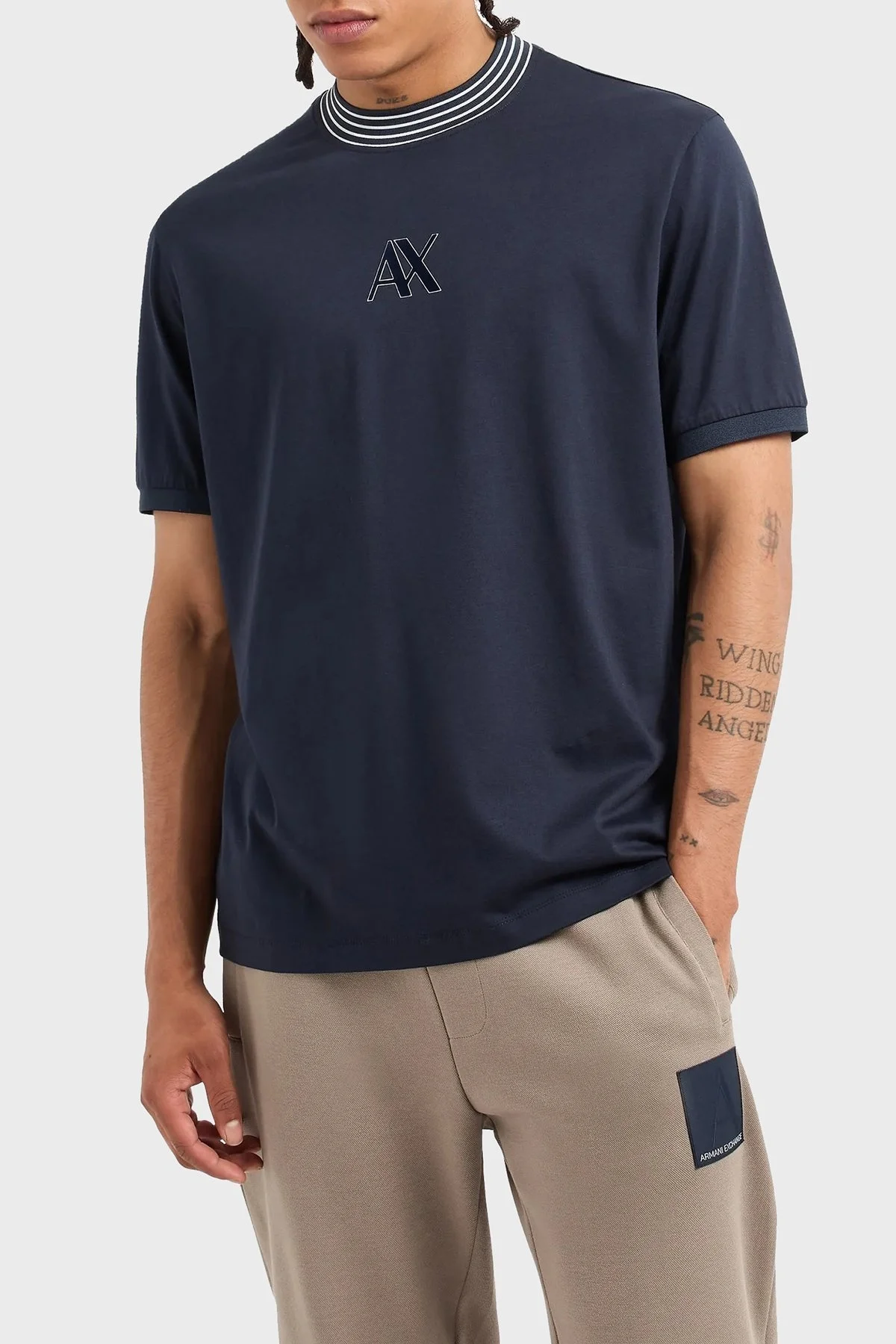 Armani Exchange Pamuklu Logolu Regular Fit Çizgili Bisiklet Yakalı Erkek T Shirt 6DZTJC ZJ9AZ 1510 LACİVERT - 1