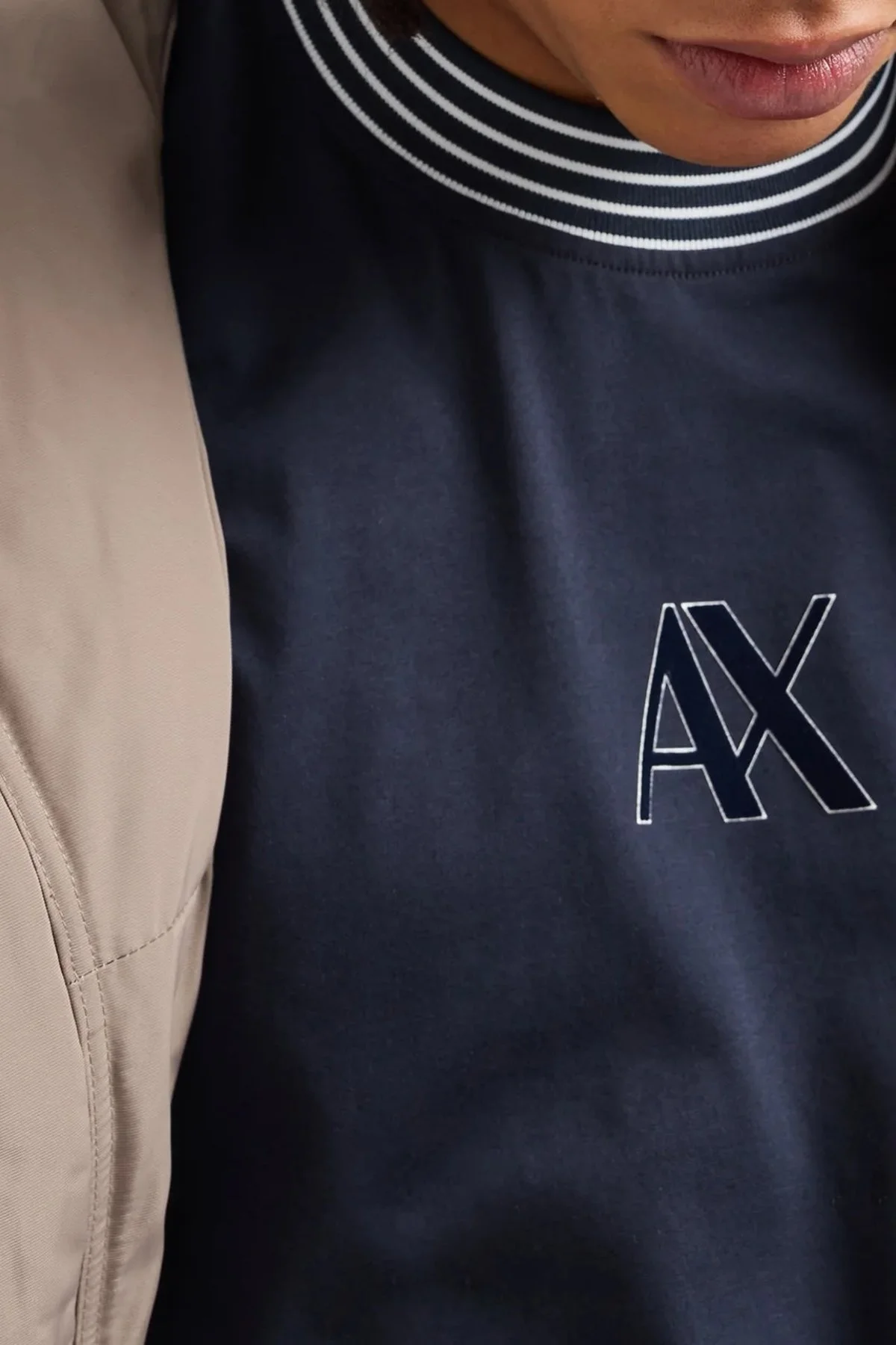 Armani Exchange Pamuklu Logolu Regular Fit Çizgili Bisiklet Yakalı Erkek T Shirt 6DZTJC ZJ9AZ 1510 LACİVERT - 4