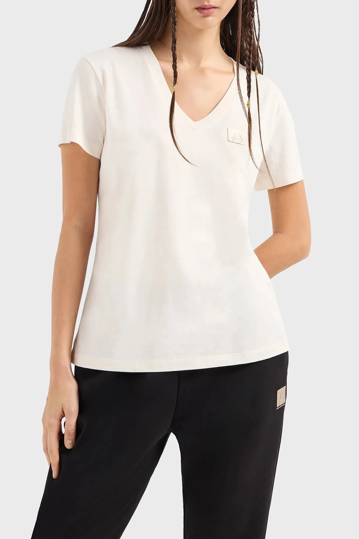 Armani Exchange Pamuklu Logolu Regular Fit V Yaka Bayan T Shirt 6DYT23 YJ3RZ 1130 EKRU - 6