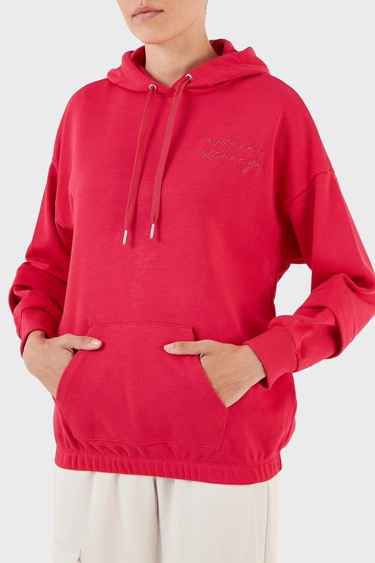 Armani Exchange Pamuklu Regular Fit Kanguru Cepli Kapüşonlu Bayan Sweat 6RYM72 YJBRZ 14BB KIRMIZI - 8