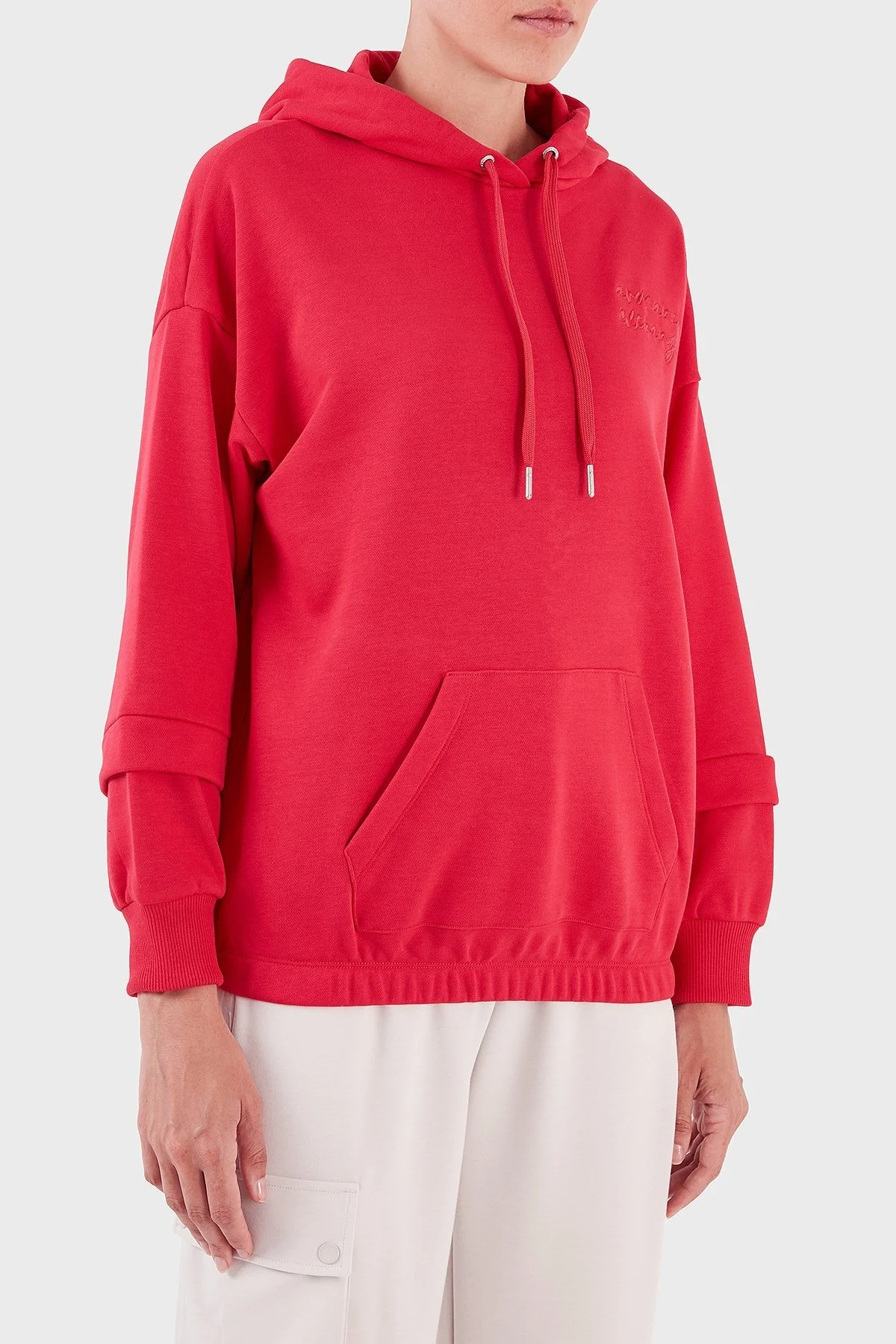 Armani Exchange Pamuklu Regular Fit Kanguru Cepli Kapüşonlu Bayan Sweat 6RYM72 YJBRZ 14BB KIRMIZI - 12