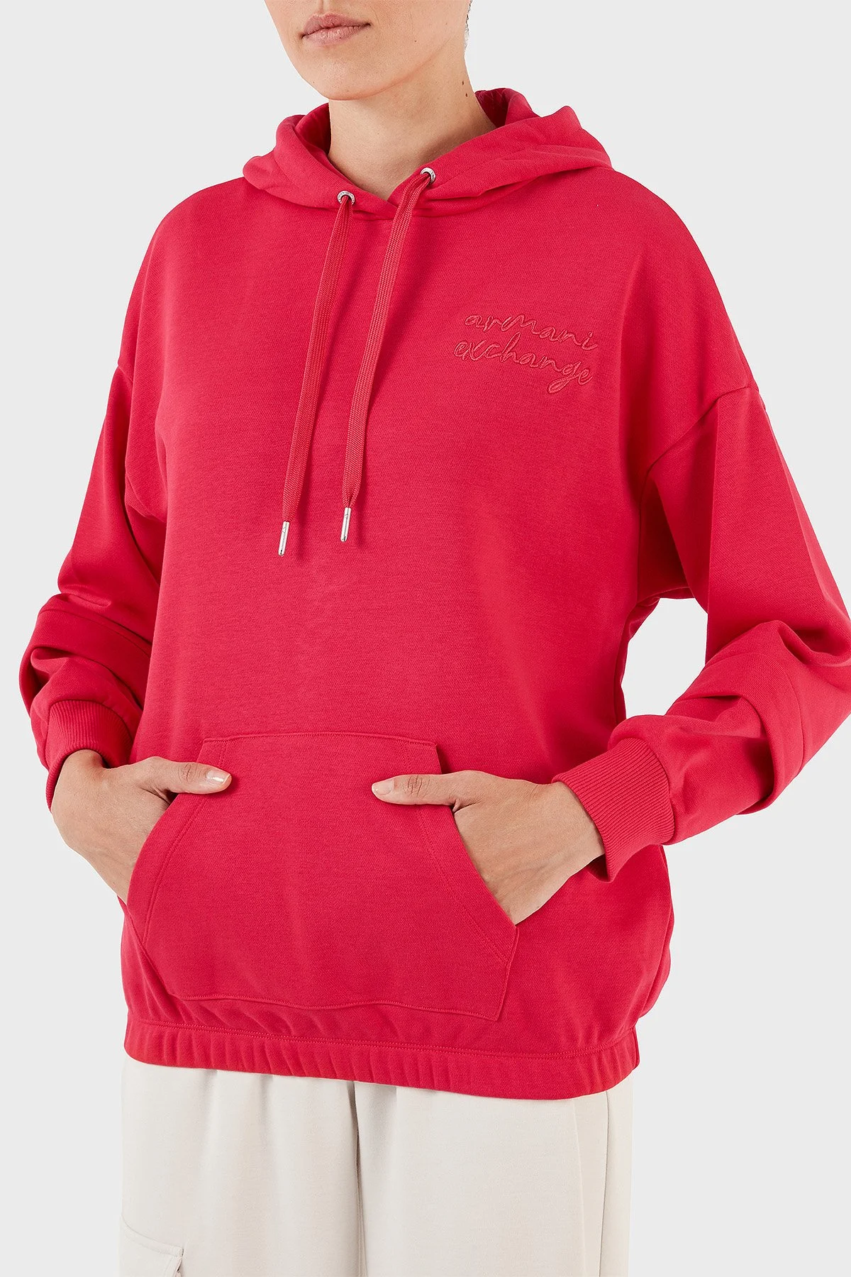 Armani Exchange Pamuklu Regular Fit Kanguru Cepli Kapüşonlu Kadın Sweat 6RYM72 YJBRZ 14BB KIRMIZI - 2