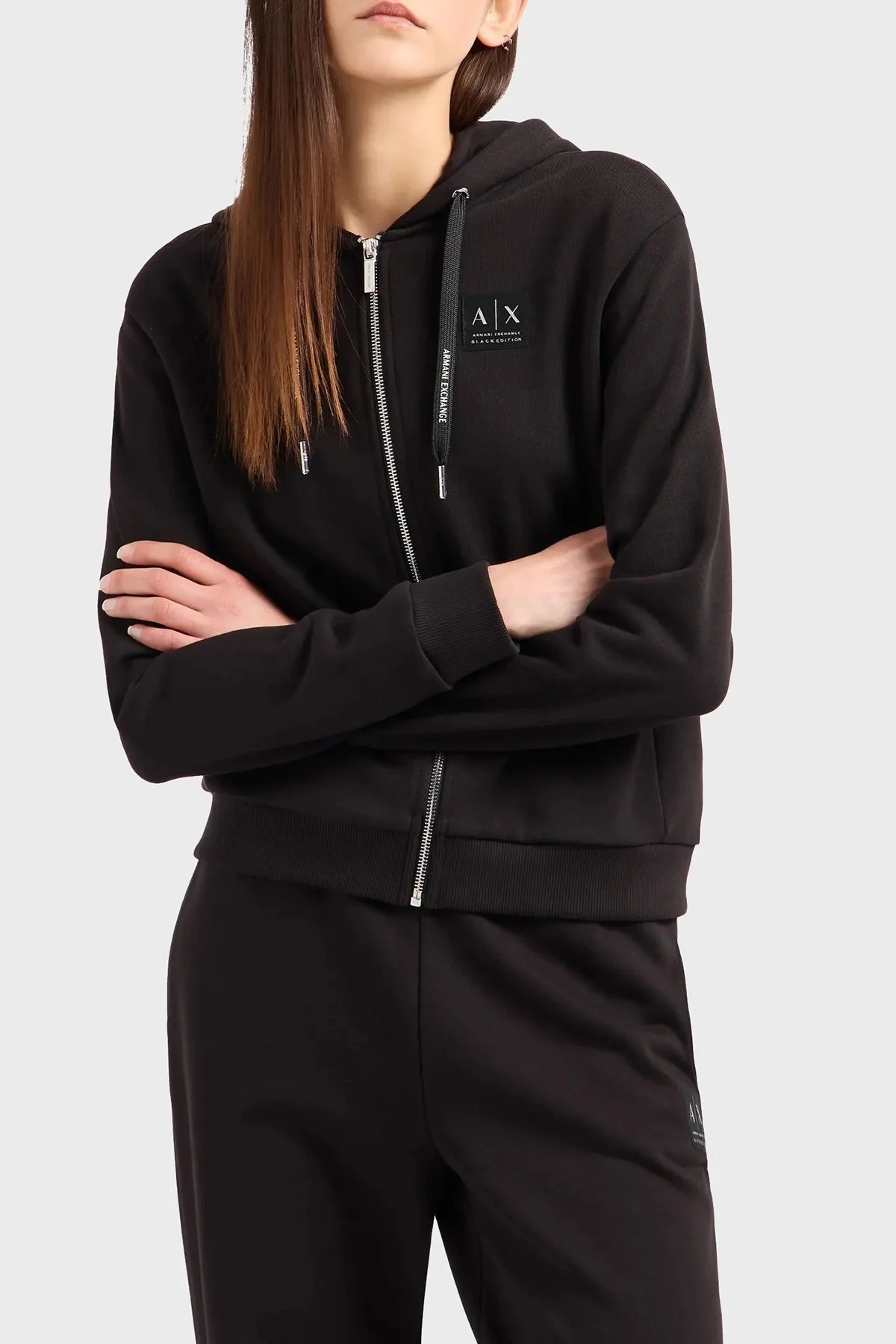 Armani Exchange Pamuklu Regular Fit Kapüşonlu Fermuarlı Bayan Sweat XW000082 AF10172 UC001 SİYAH - 1