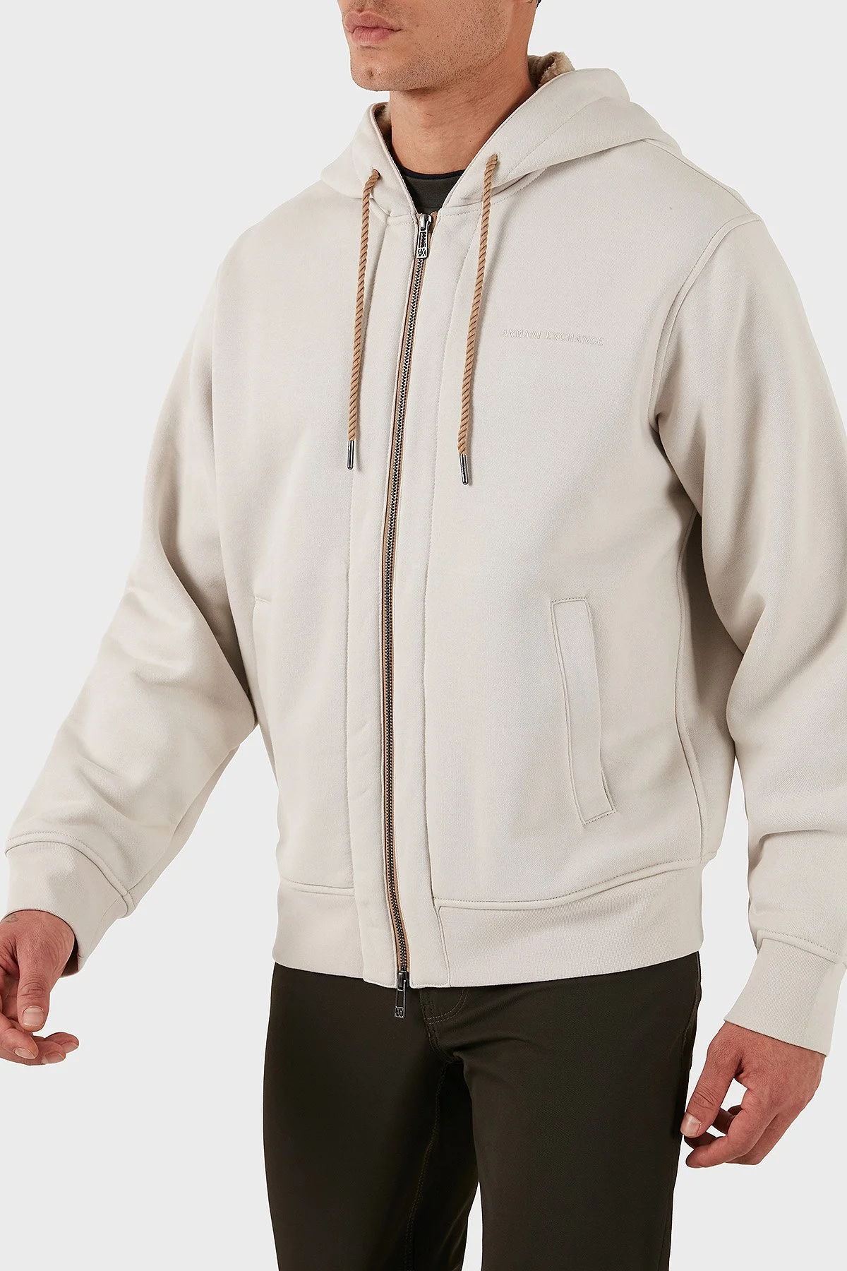 Armani Exchange Pamuklu Regular Fit Kapüşonlu Fermuarlı Erkek Sweat XM001026 AF16279 U1013 EKRU - 4
