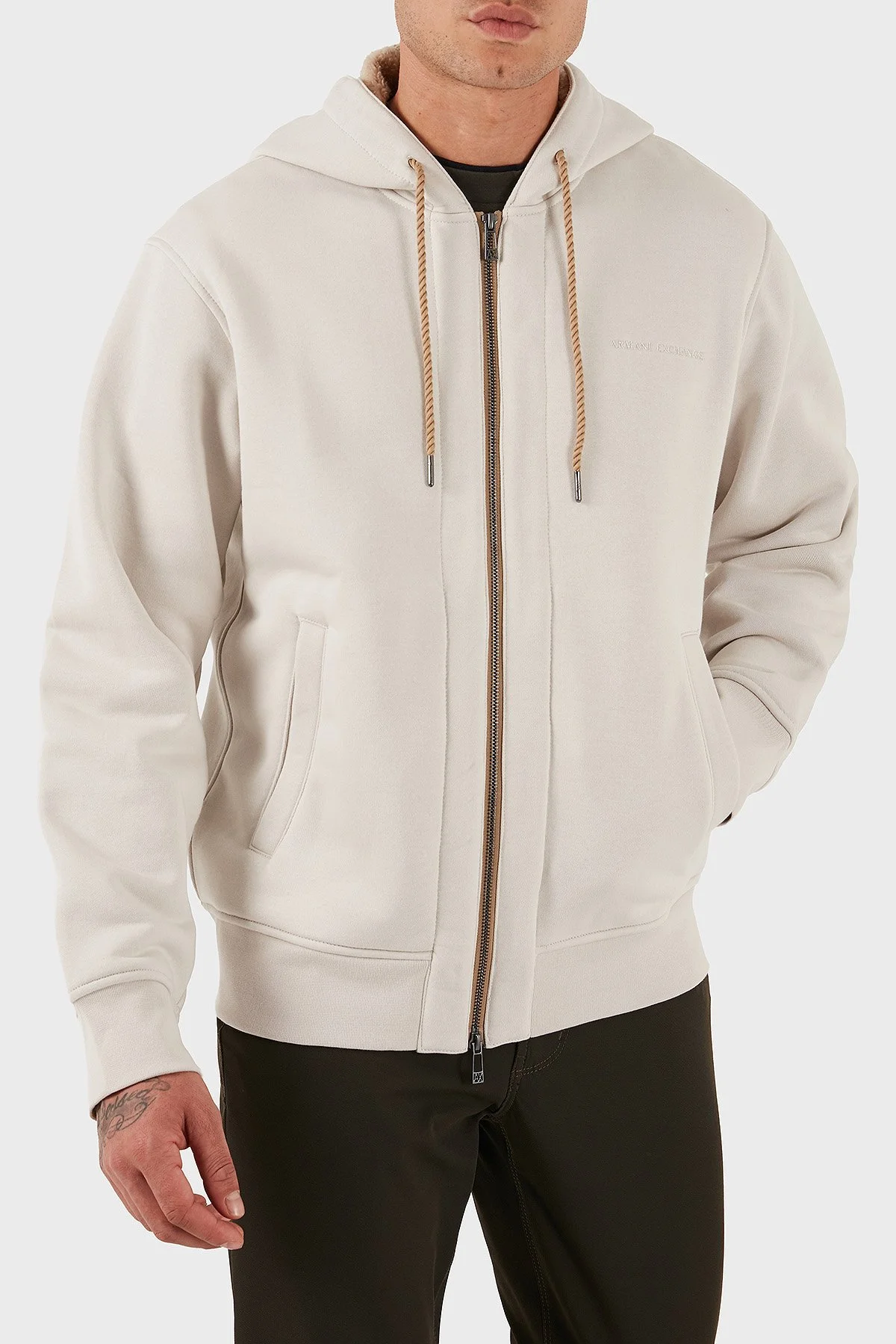 Armani Exchange Pamuklu Regular Fit Kapüşonlu Fermuarlı Erkek Sweat XM001026 AF16279 U1013 EKRU - 5