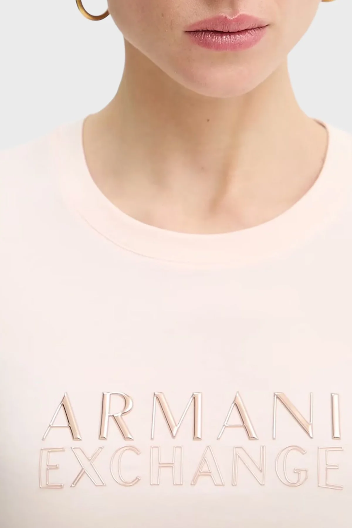 Armani Exchange Pamuklu Regular Fit Logolu Bisiklet Yaka Bayan T Shirt XW001837 AF16294 U4104 PUDRA - 3