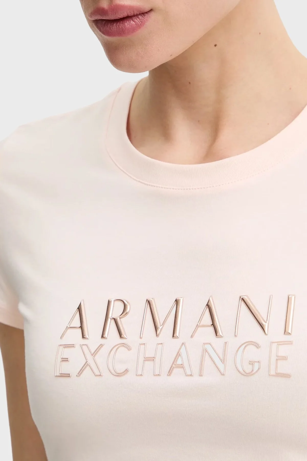 Armani Exchange Pamuklu Regular Fit Logolu Bisiklet Yaka Bayan T Shirt XW001837 AF16294 U4104 PUDRA - 4