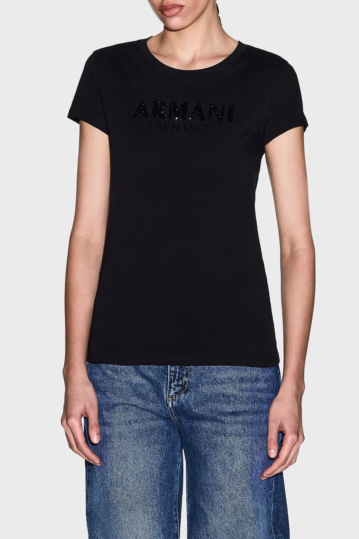 Armani Exchange Pamuklu Regular Fit Logolu Bisiklet Yaka Bayan T Shirt XW002106 AF10356 UC001 SİYAH - 1