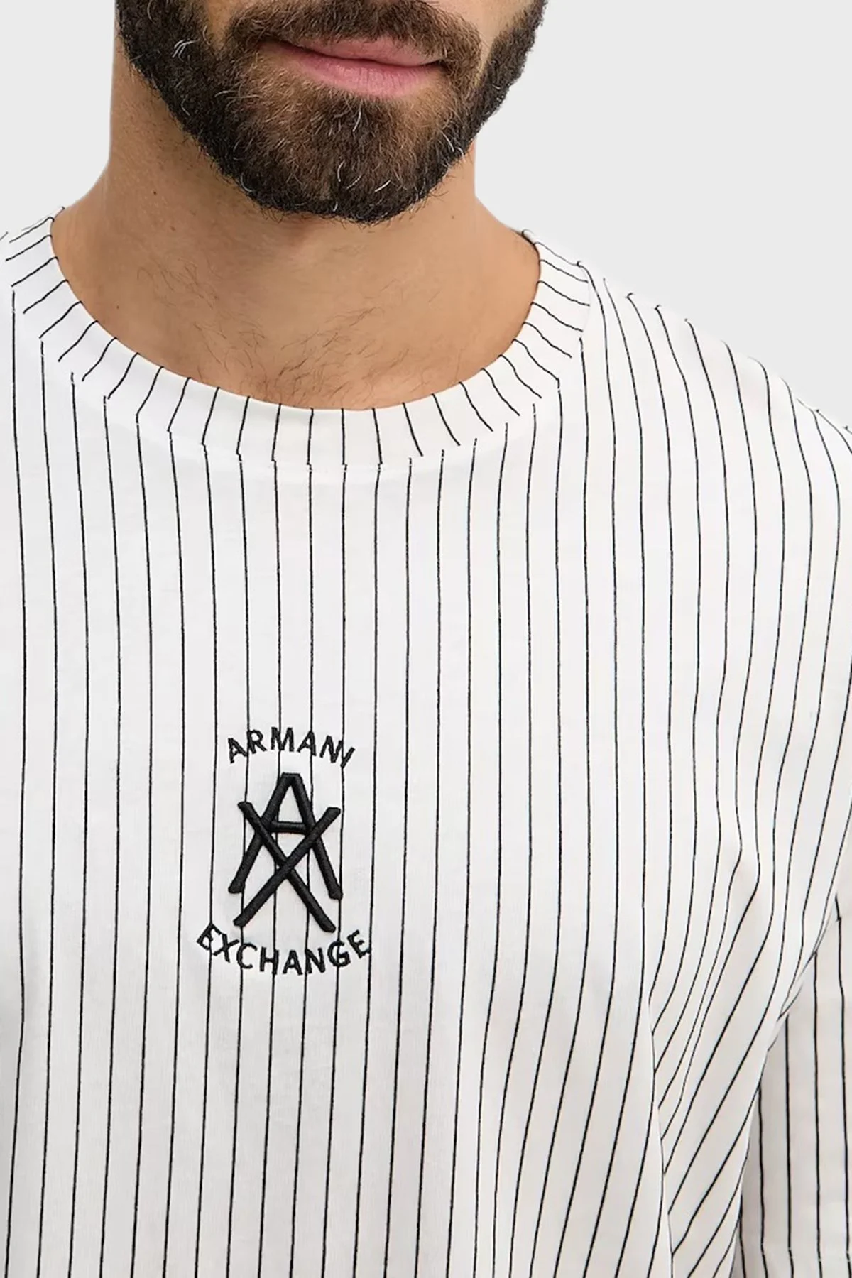 Armani Exchange Pamuklu Regular Fit Logolu Bisiklet Yaka Çizgili Erkek T Shirt XM001791 AF10356 F0158 SİYAH-BEYAZ - 4