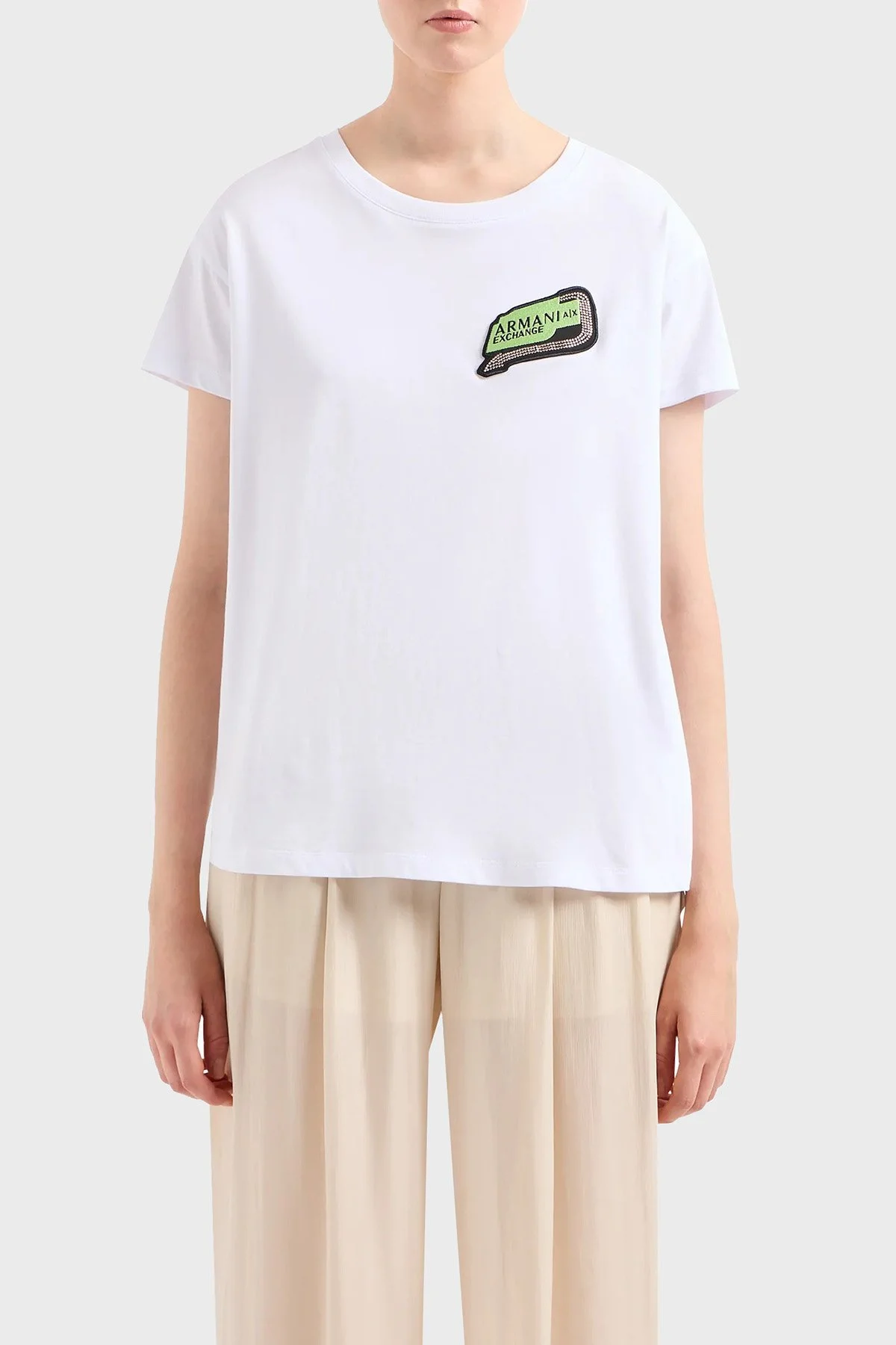 Armani Exchange Pamuklu Relaxed Fit Bisiklet Yaka Kadın T Shirt 3DYT16 YJ3RZ 1000 BEYAZ - 1