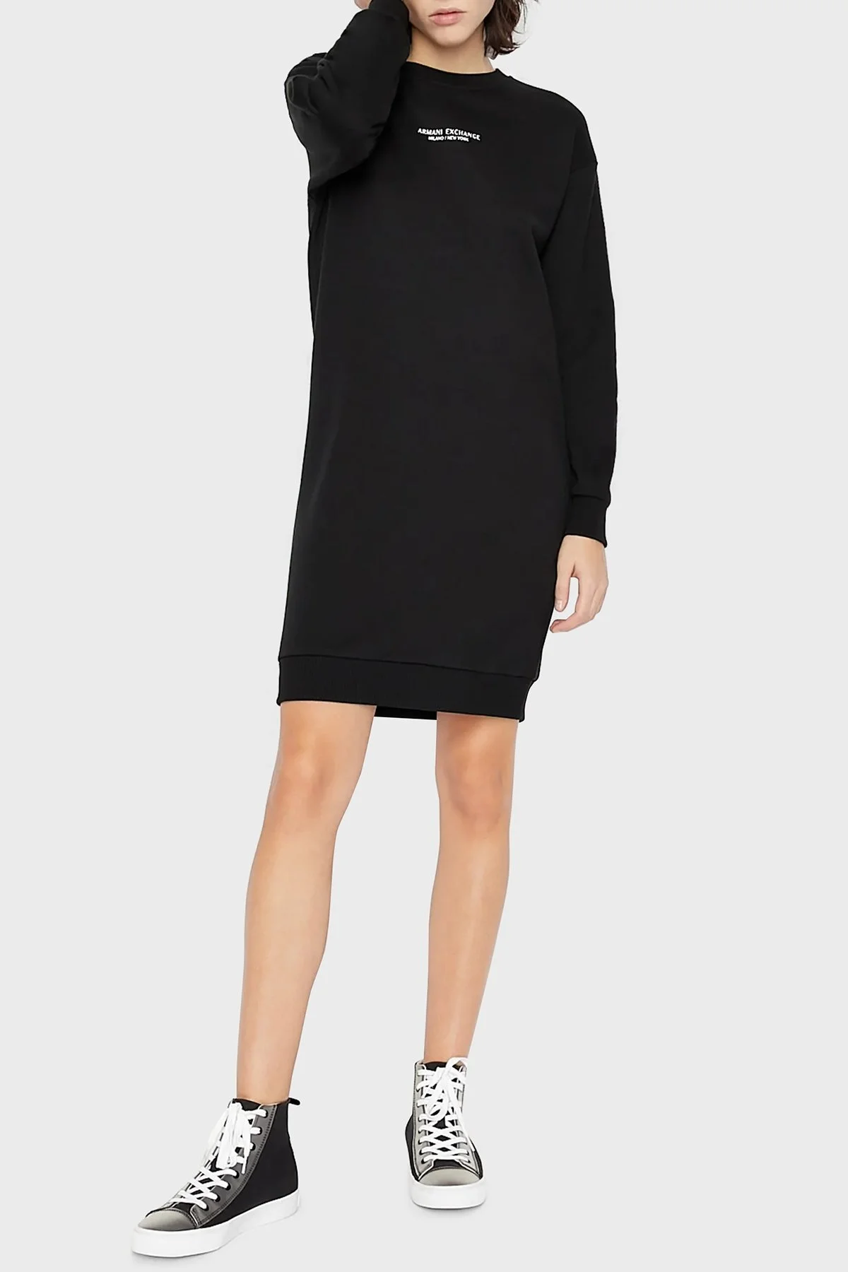 Armani Exchange Pamuklu Relaxed Fit Bisiklet Yaka Sweat Bayan Elbise 8NYA88 YJE5Z 1200 SİYAH - 1