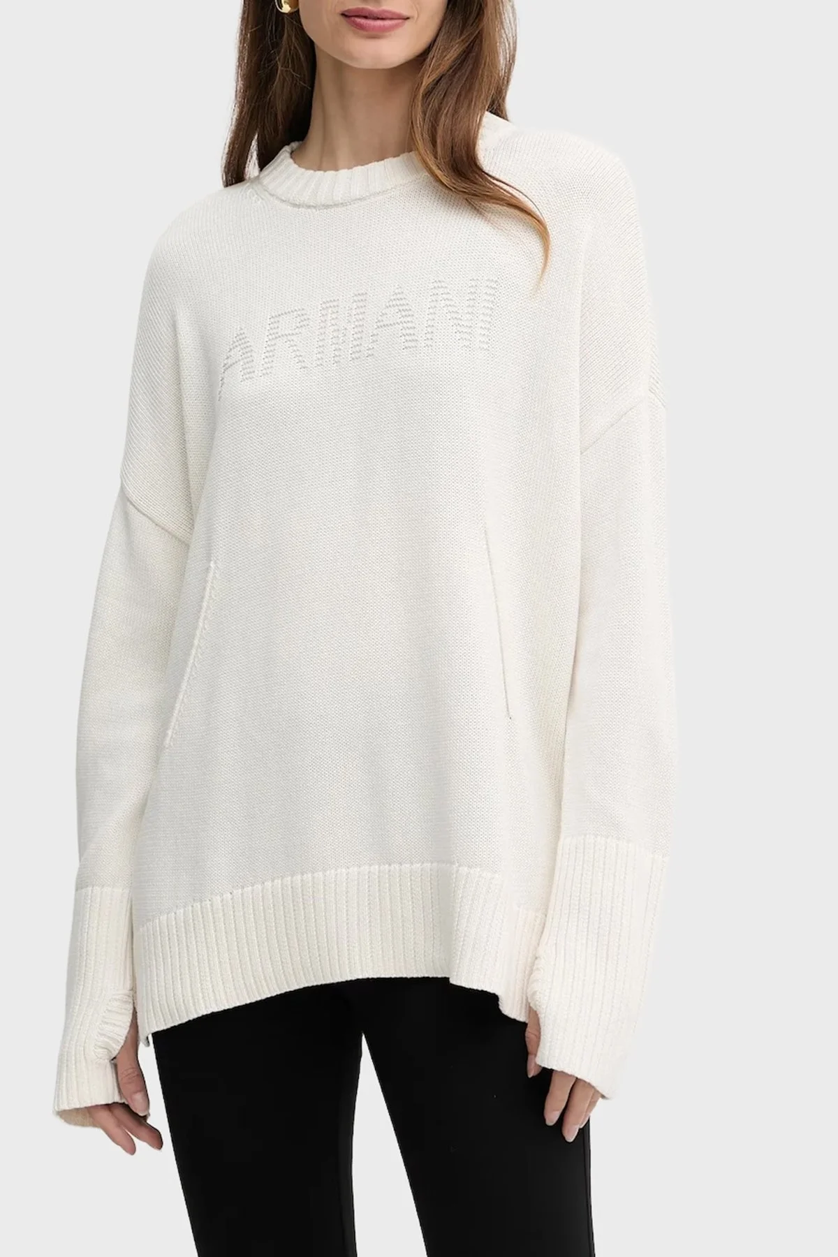 Armani Exchange Pamuklu Relaxed Fit İşlenmiş Logolu Örme Bayan Kazak XW000760 AF16552 U1003 EKRU - 1