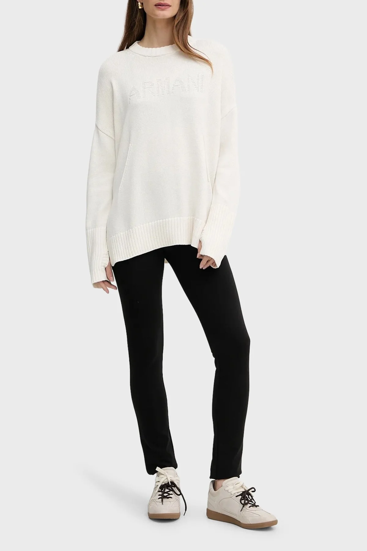 Armani Exchange Pamuklu Relaxed Fit İşlenmiş Logolu Örme Bayan Kazak XW000760 AF16552 U1003 EKRU - 2