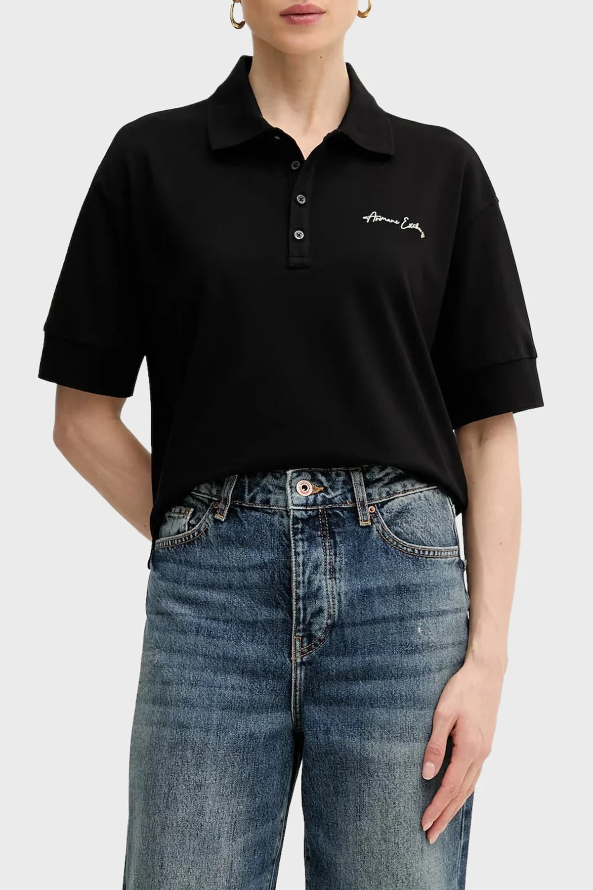 Armani Exchange Pamuklu Relaxed Fit Kısa Kollu Bayan Polo XW000887 AF10819 MC021 SİYAH - 1