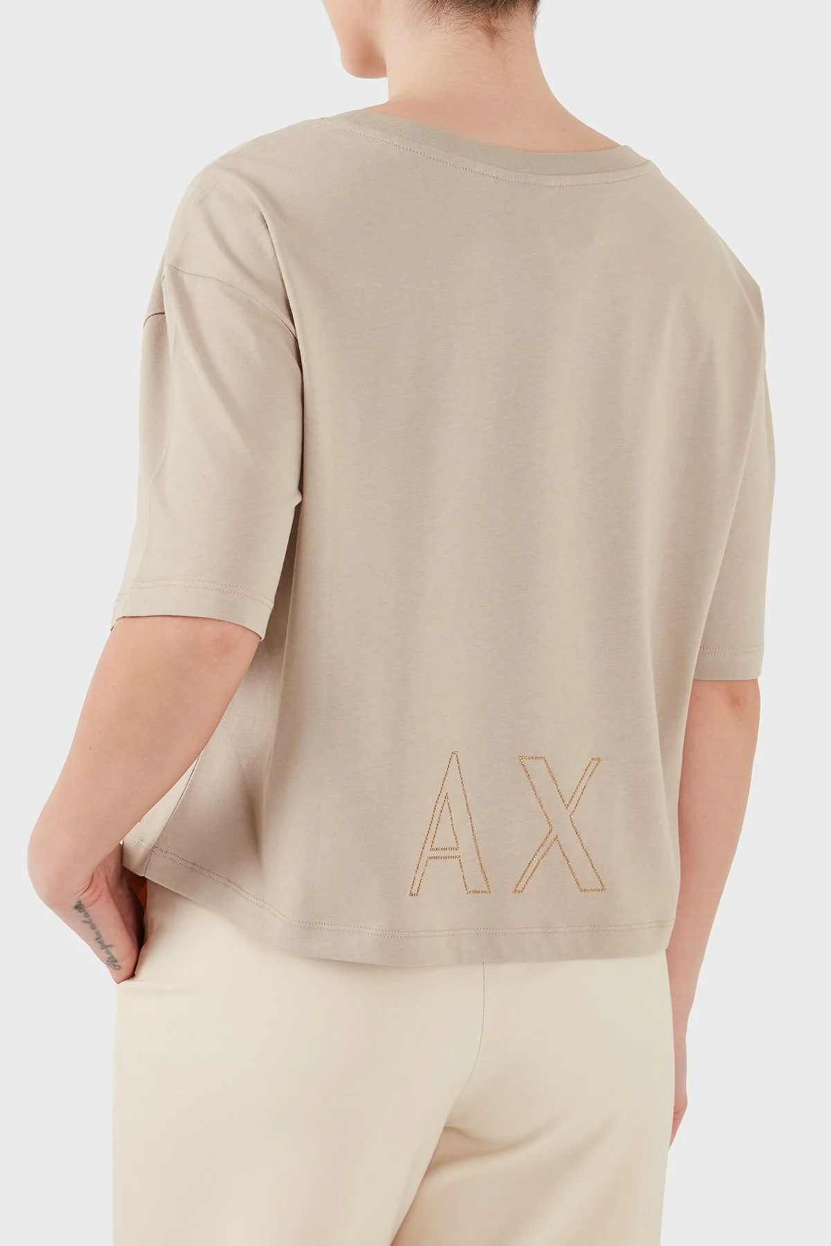 Armani Exchange Pamuklu Relaxed Fit Logo Detaylı Bisiklet Yaka Kadın T Shirt XW001709 AF17172 U6223 BEJ - 2
