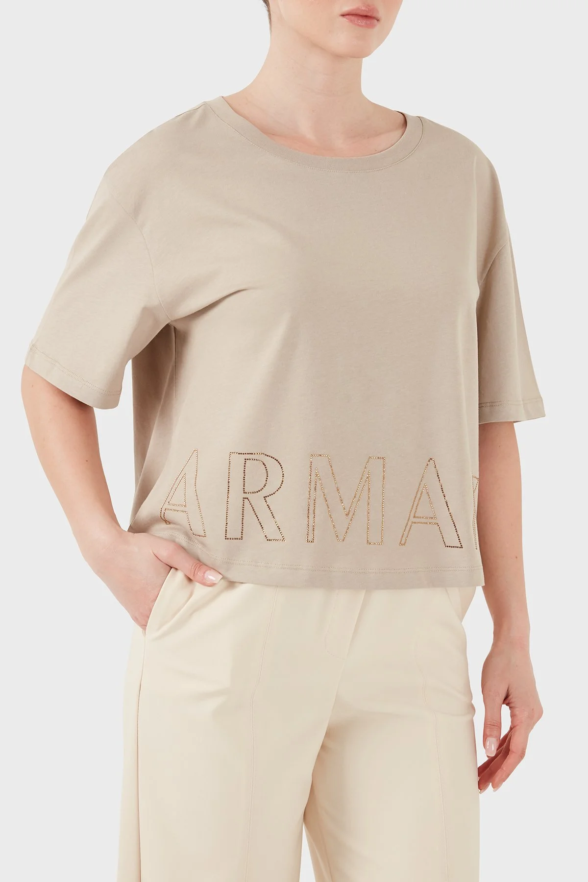 Armani Exchange Pamuklu Relaxed Fit Logo Detaylı Bisiklet Yaka Kadın T Shirt XW001709 AF17172 U6223 BEJ - 3