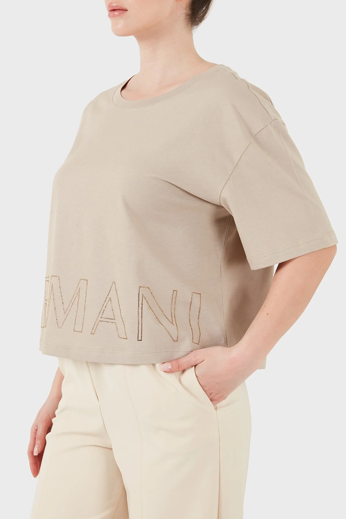 Armani Exchange Pamuklu Relaxed Fit Logo Detaylı Bisiklet Yaka Kadın T Shirt XW001709 AF17172 U6223 BEJ - 4