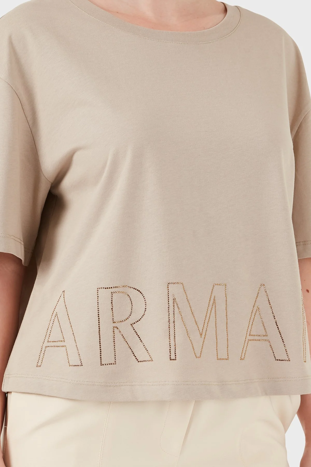 Armani Exchange Pamuklu Relaxed Fit Logo Detaylı Bisiklet Yaka Kadın T Shirt XW001709 AF17172 U6223 BEJ - 5