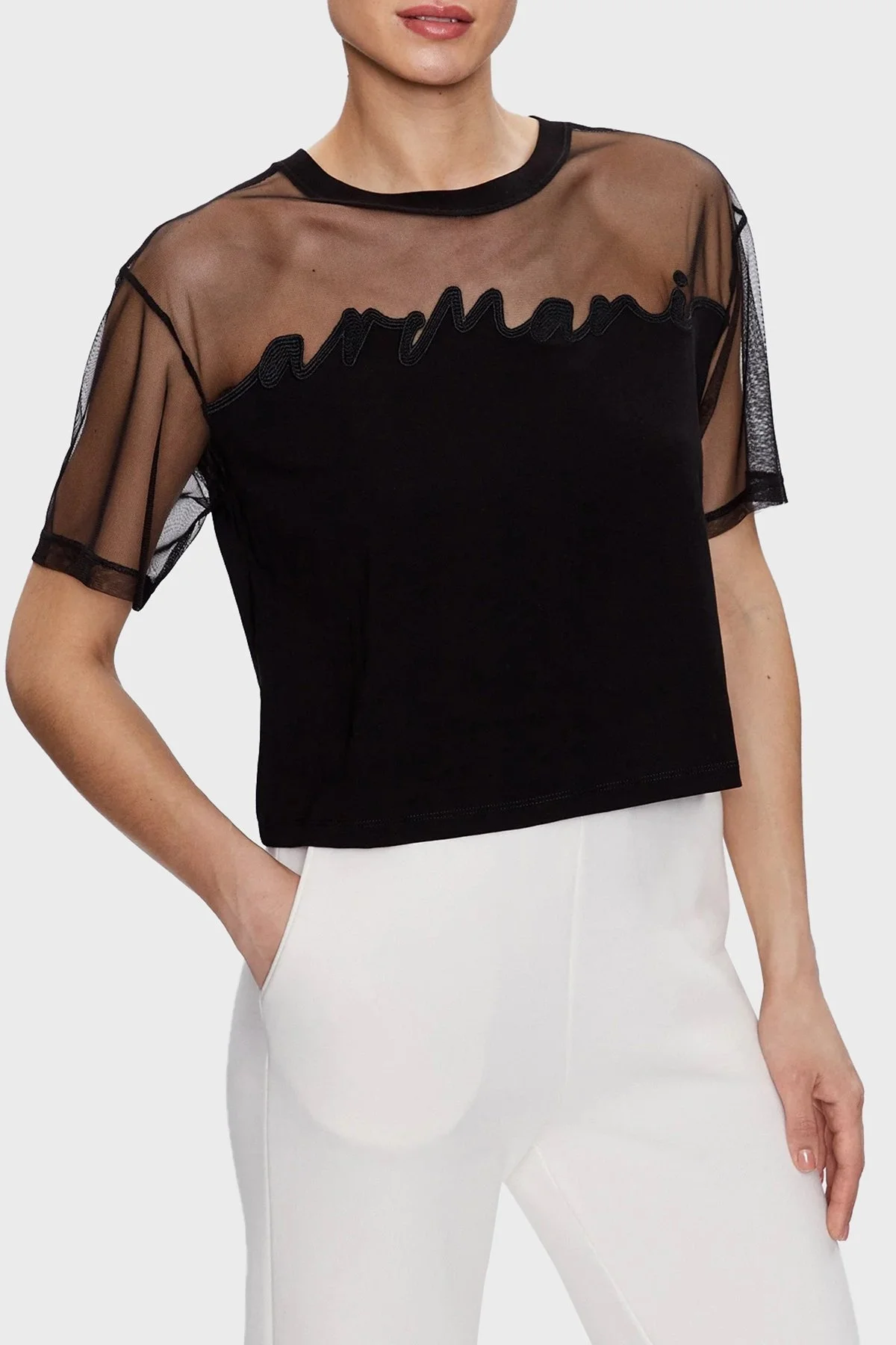 Armani Exchange Pamuklu Relaxed Fit Transparan Bisiklet Yaka Bayan T Shirt 3RYTBY YJG3Z 1200 SİYAH - 1