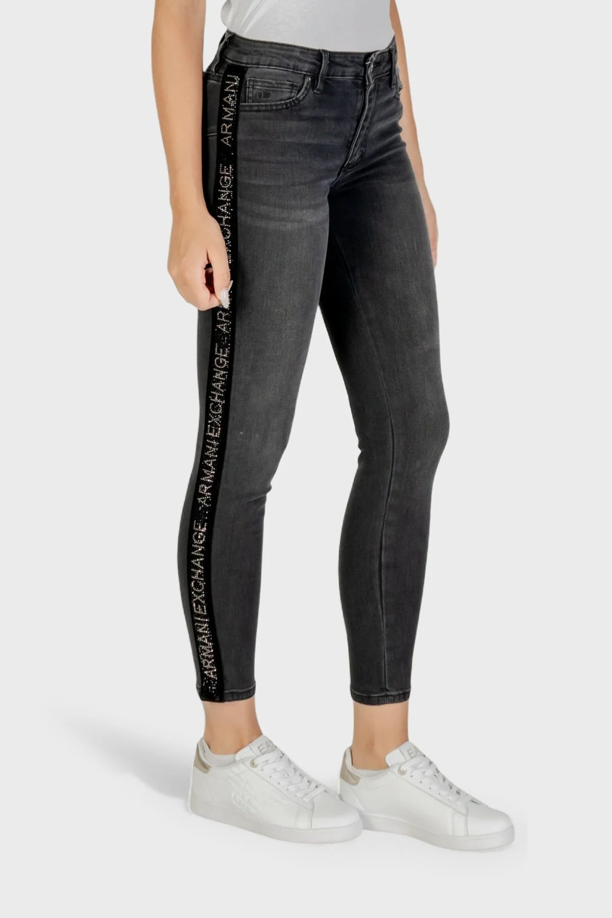 Armani Exchange Pamuklu Skinny Fit Dar Paça Logo Şeritli Jeans Bayan Kot Pantolon XW000129 AF16082 MC002 SİYAH - 3