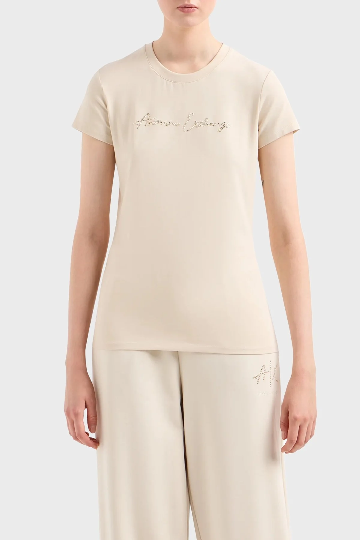 Armani Exchange Pamuklu Slim Fit Bisiklet Yaka Bayan T Shirt 3DYT27 YJDTZ 1787 BEJ - 1