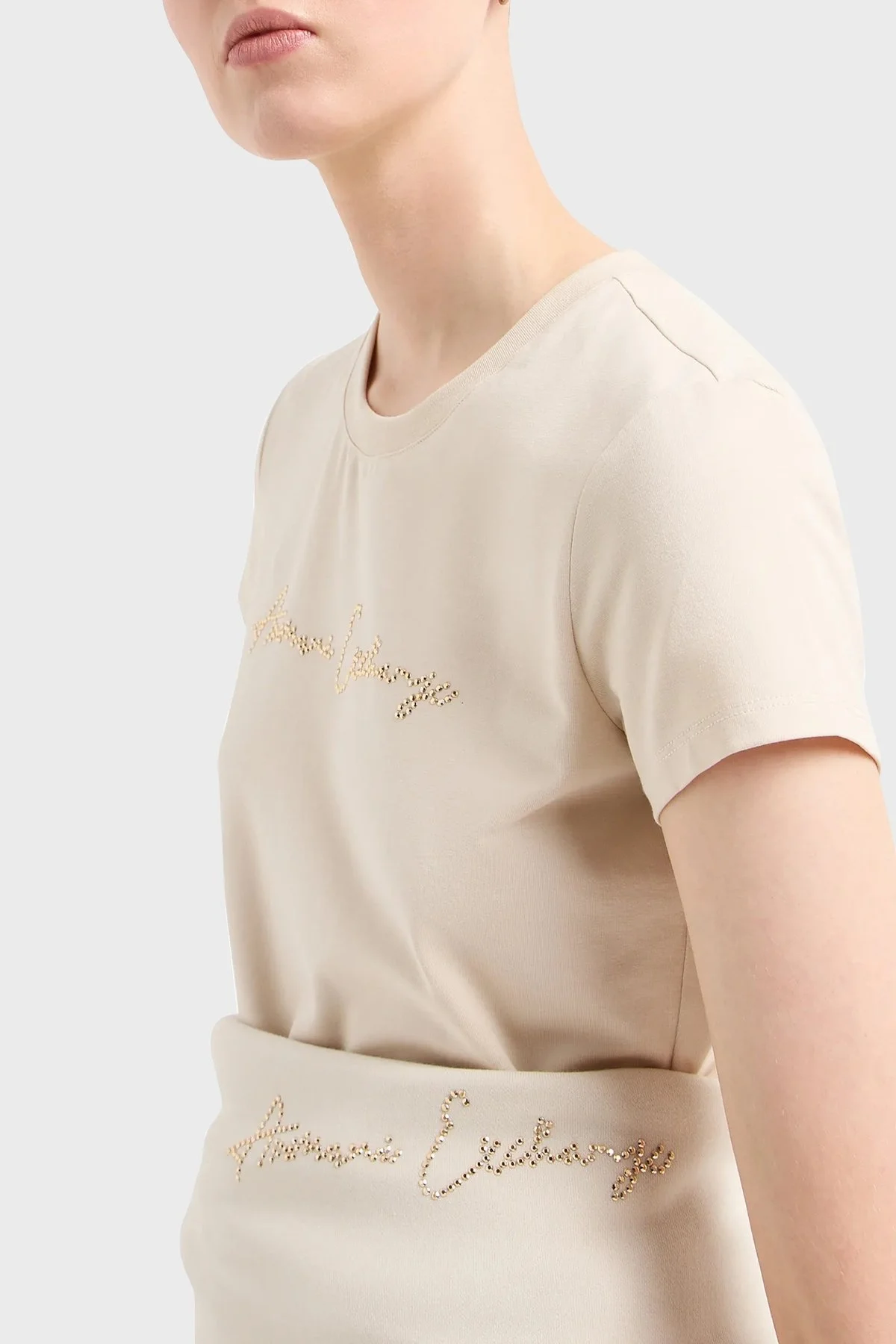 Armani Exchange Pamuklu Slim Fit Bisiklet Yaka Bayan T Shirt 3DYT27 YJDTZ 1787 BEJ - 4