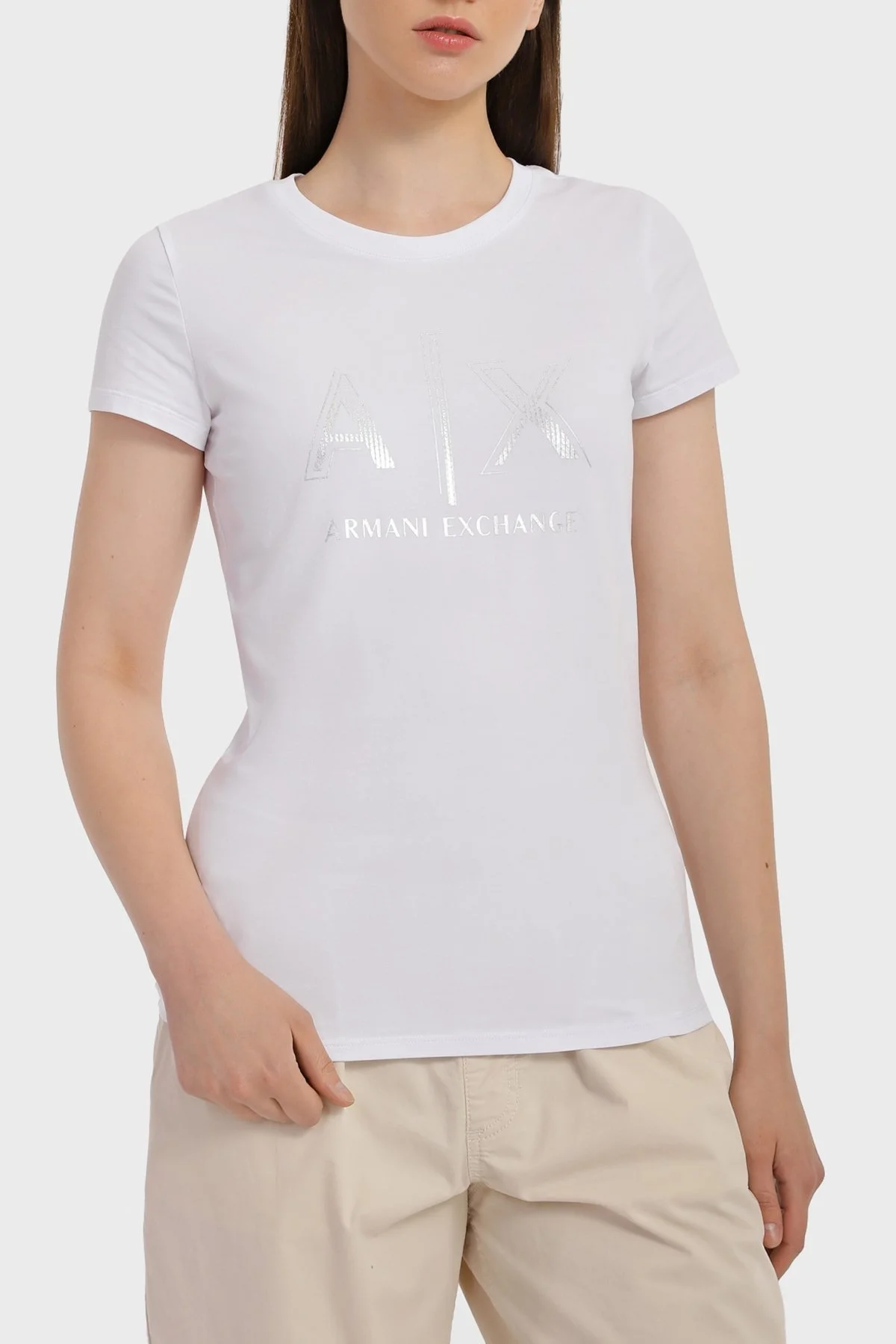 Armani Exchange Pamuklu Slim Fit Bisiklet Yaka Bayan T Shirt 3RYT40 YJC7Z 1000 BEYAZ - 1