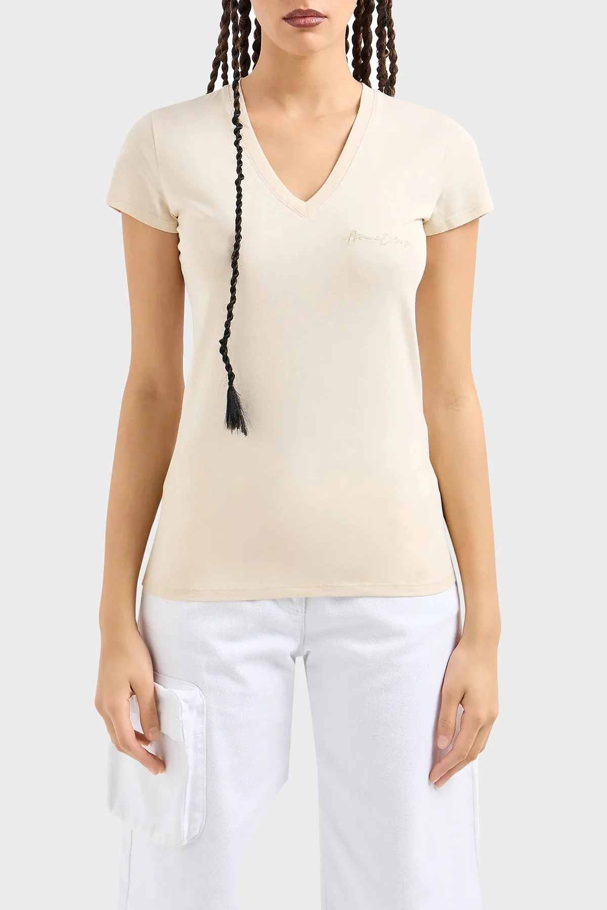 Armani Exchange Pamuklu Slim Fit V Yaka Bayan T Shirt 3DYT26 YJ3RZ 1787 BEJ - 1
